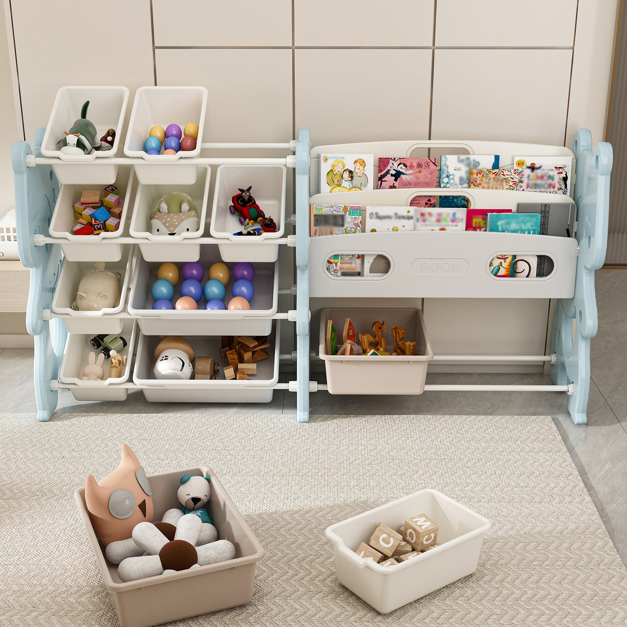 Kids Toy Storage Organizer with 2 Tier Bookshelf, Toy Storage with 12 Bins, Blue Polyethylene, 56.10 x 14.17 x 33.86 inches - Grand Goldman Shop