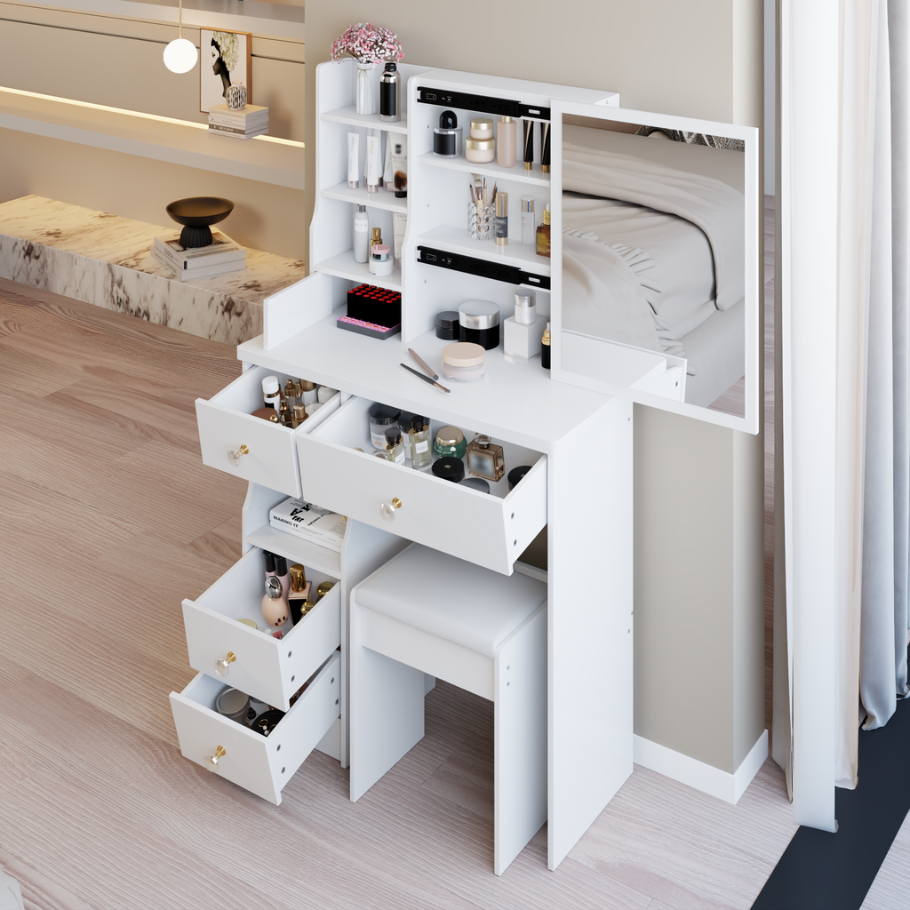 29.2' Small Space Left Drawer Desktop Vanity Table + Cushioned Stool, Extra Large Right sliding mirror, Multi Layer High Capacity Storage, Practical Fashionable Dresser, Suitable For Small Space - Grand Goldman Shop