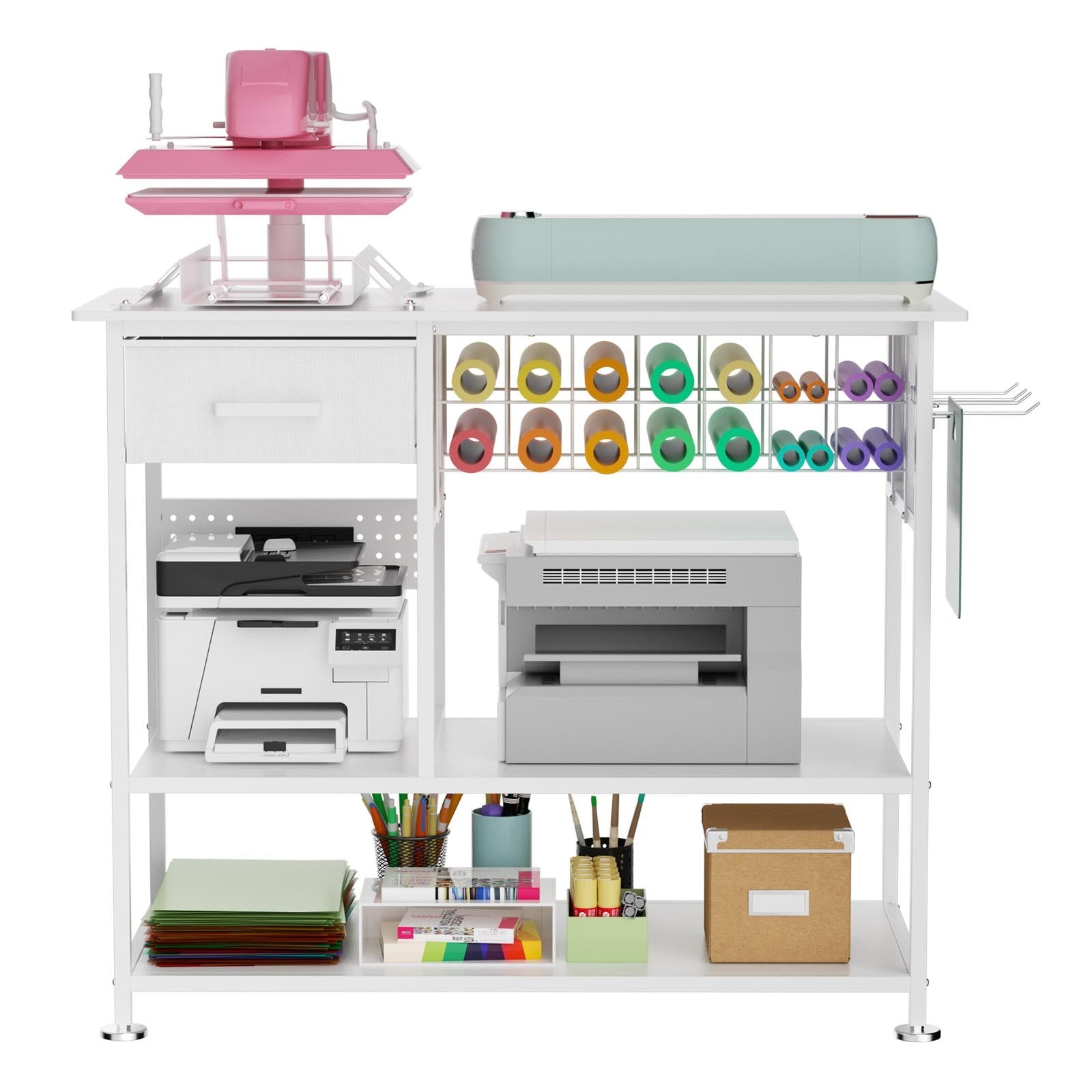 Large Heat Press Table with Charging Station, Movable Metal Workbench with Vinyl Storage and Drawer for DIY Sublimation, T-Sh