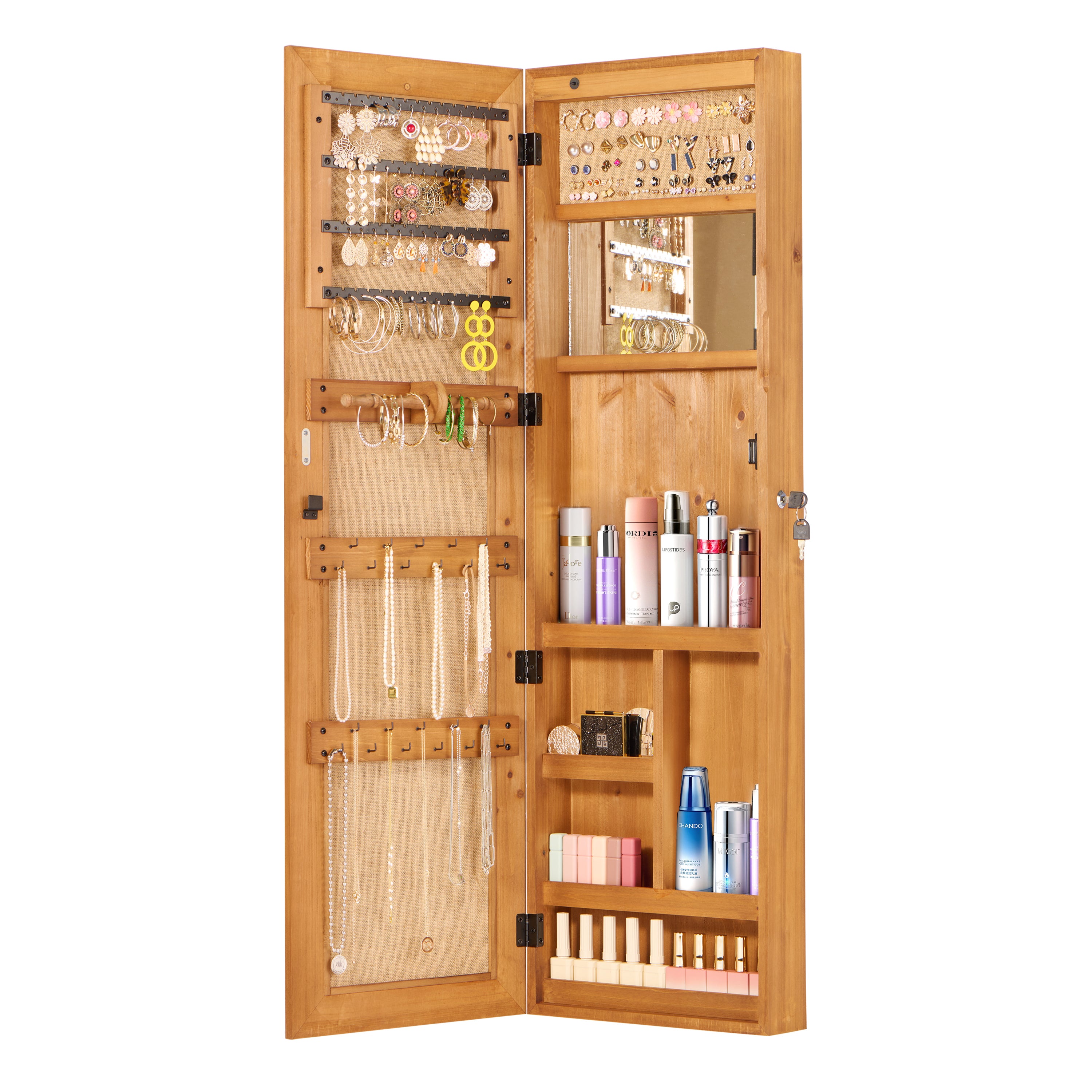 Solid Wood Jewelry Armoire Organizer Cabinet with Full-Length Mirror, Light Brown, 47.5x14.3 in Wall-Mounted Lockable with LED Light - Grand Goldman Shop