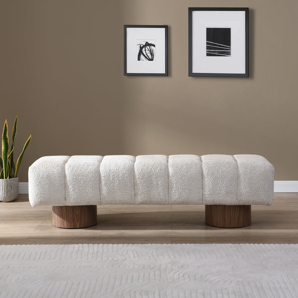 Upholstered Dining Bench for Dining Room, No-Assembly End of Bed Entryway Bench Ottoman for Bedroom Living Room, Beige Faux Fur Fabric Stool Top Wood Leg 300 LBS Weight Capacity - Grand Goldman Shop