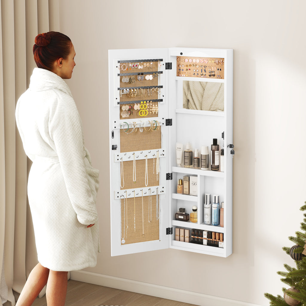 White Solid Wood Jewelry Armoire Organizer with Full-Length Mirror, Wall-Mounted Lockable Cabinet with LED Light, 47.5x14.3 in - Grand Goldman Shop