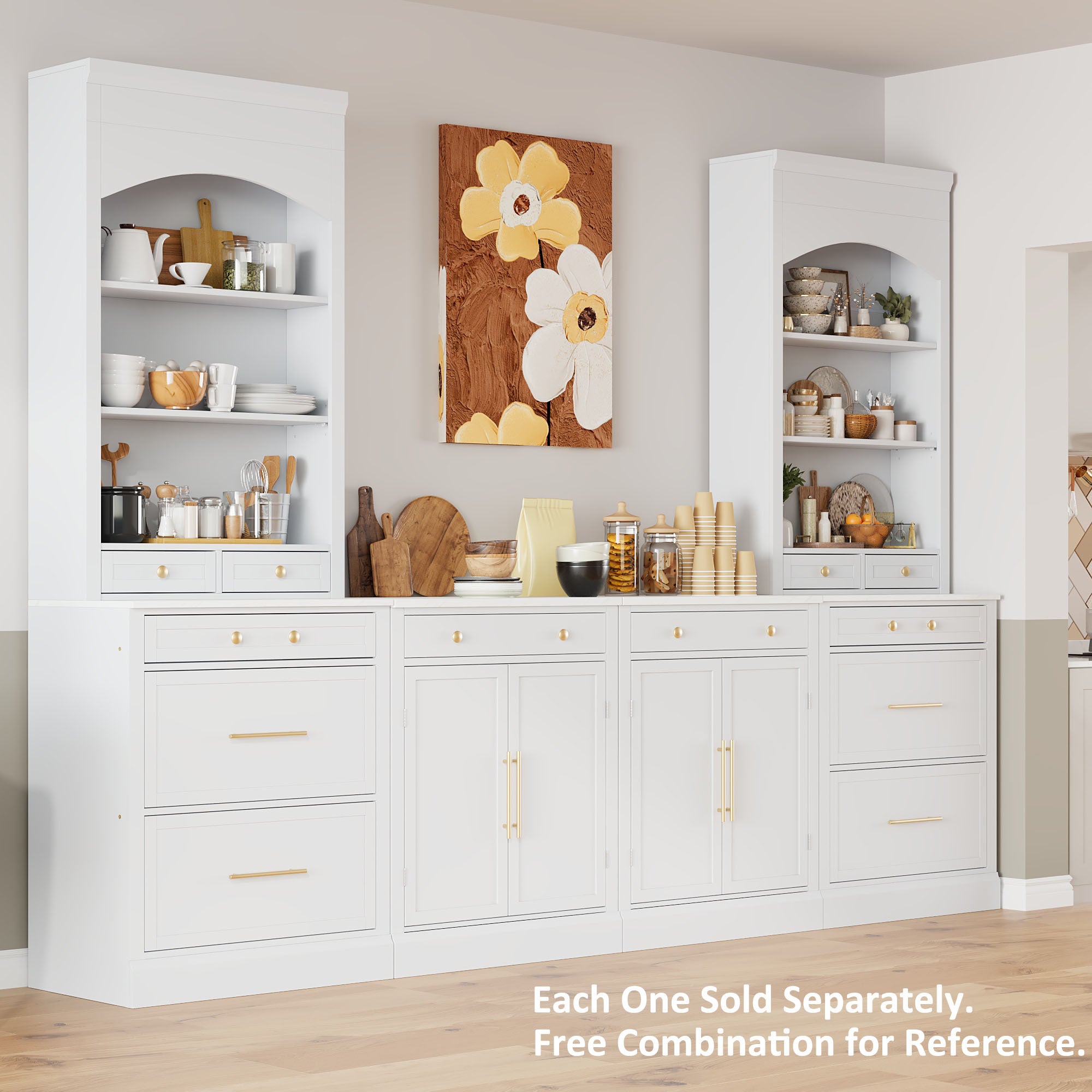[Assembly Video Provided] TOPMAX Modern 83.7inch High Kitchen Pantry, Freestanding Tall Kitchen Hutch with Faux Marble Top, Display Cupboard Cabinet with 5 Storage Drawers and Adjustable Shelf, White - Grand Goldman Shop