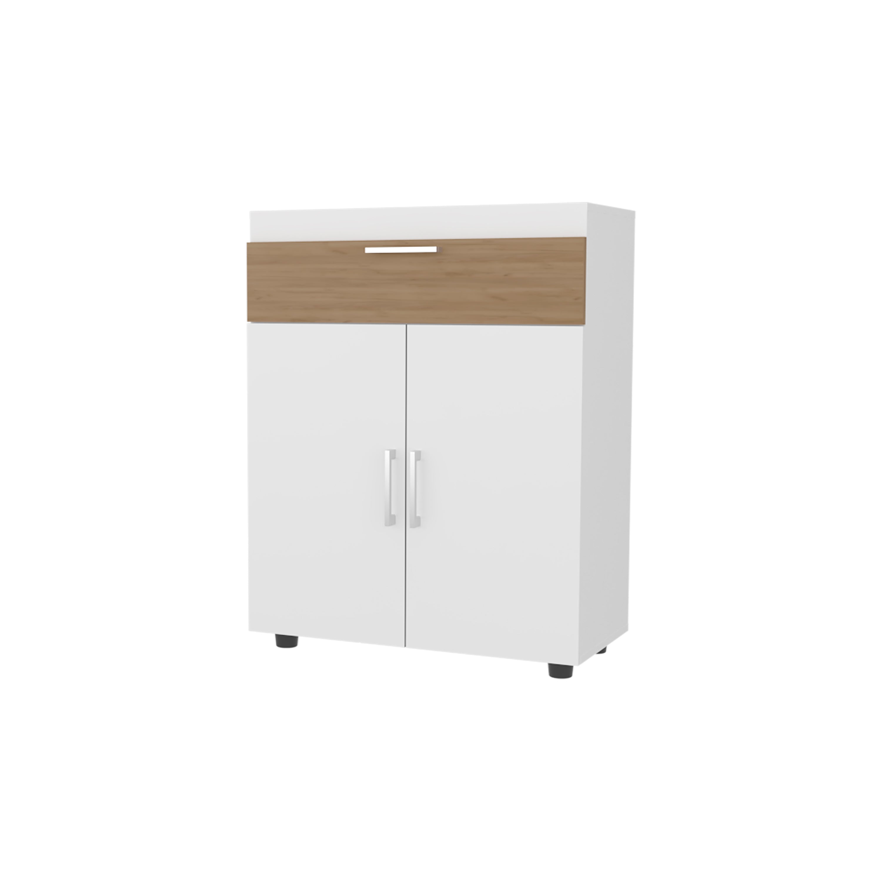 FM FURNITURE North Fork Shoe Rack, Pneumatic Lift-Up Compartment, Dual Doors, White and Natural Oak - Grand Goldman Shop