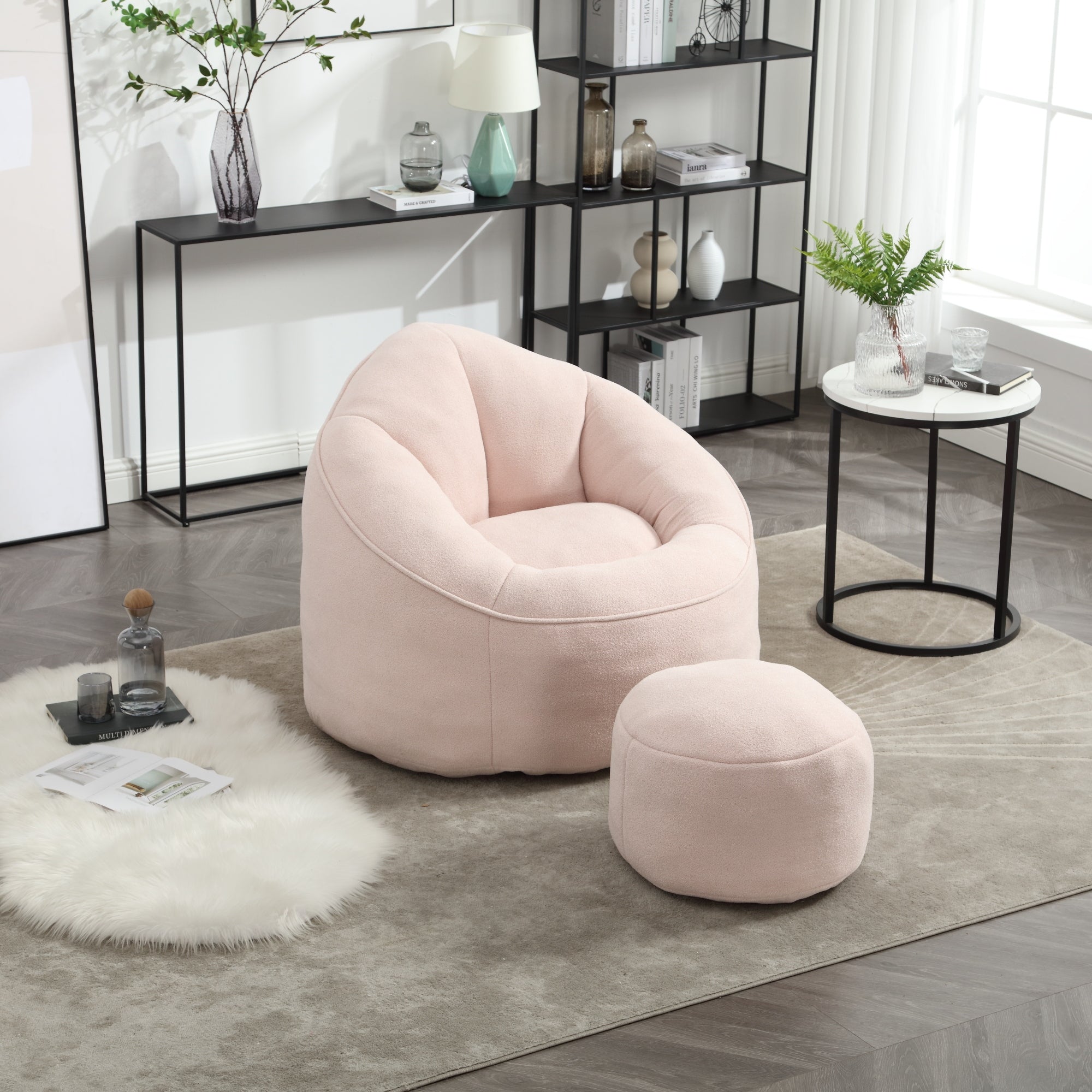 Bedding Bean Bag Sofa Chair with High-Pressure Foam and Footrest, Pink Microfiber - Grand Goldman Shop