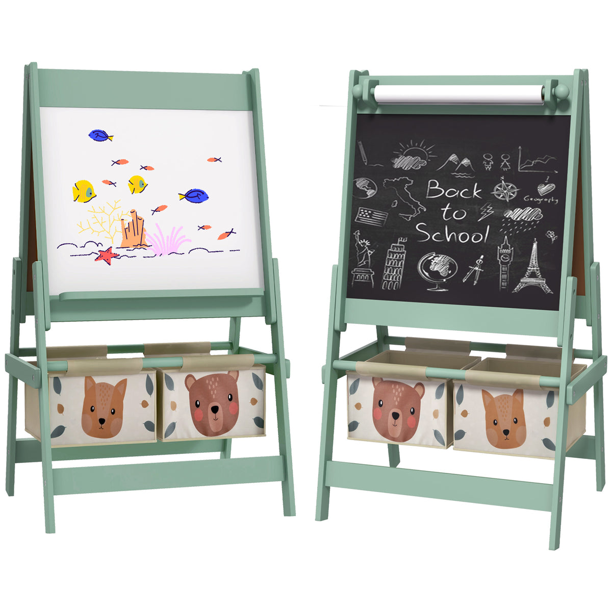 Qaba Art Easel for Kids with Paper Roll, 3 in 1 Toddler Painting Easel with Blackboard, Whiteboard, Storage Baskets, Green | 