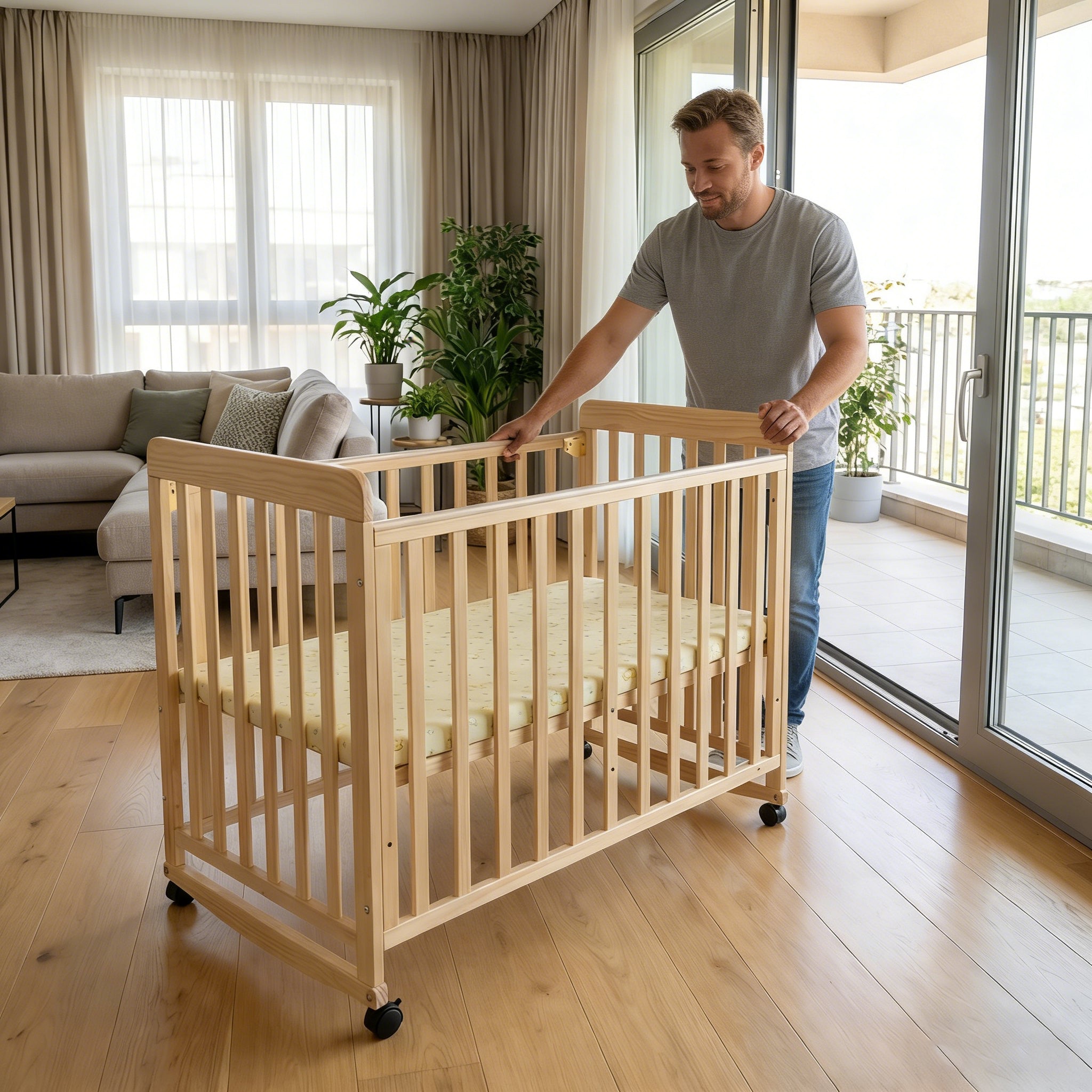 Portable Pine Wood Bedside Bassinet with 3 Heights, Natural Wood Mini Crib for Newborns 0-36 Months, Space-Saving Design | Pr