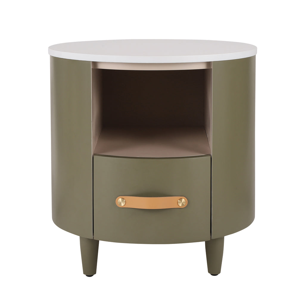 Contemporary & Modern Round Nightstand with Storage Drawer, Sofa End Table with Open Storage Shelf, Bedside Table with Curved Design for Living Room & Bedroom, Easy Assembly, Green - Grand Goldman Shop