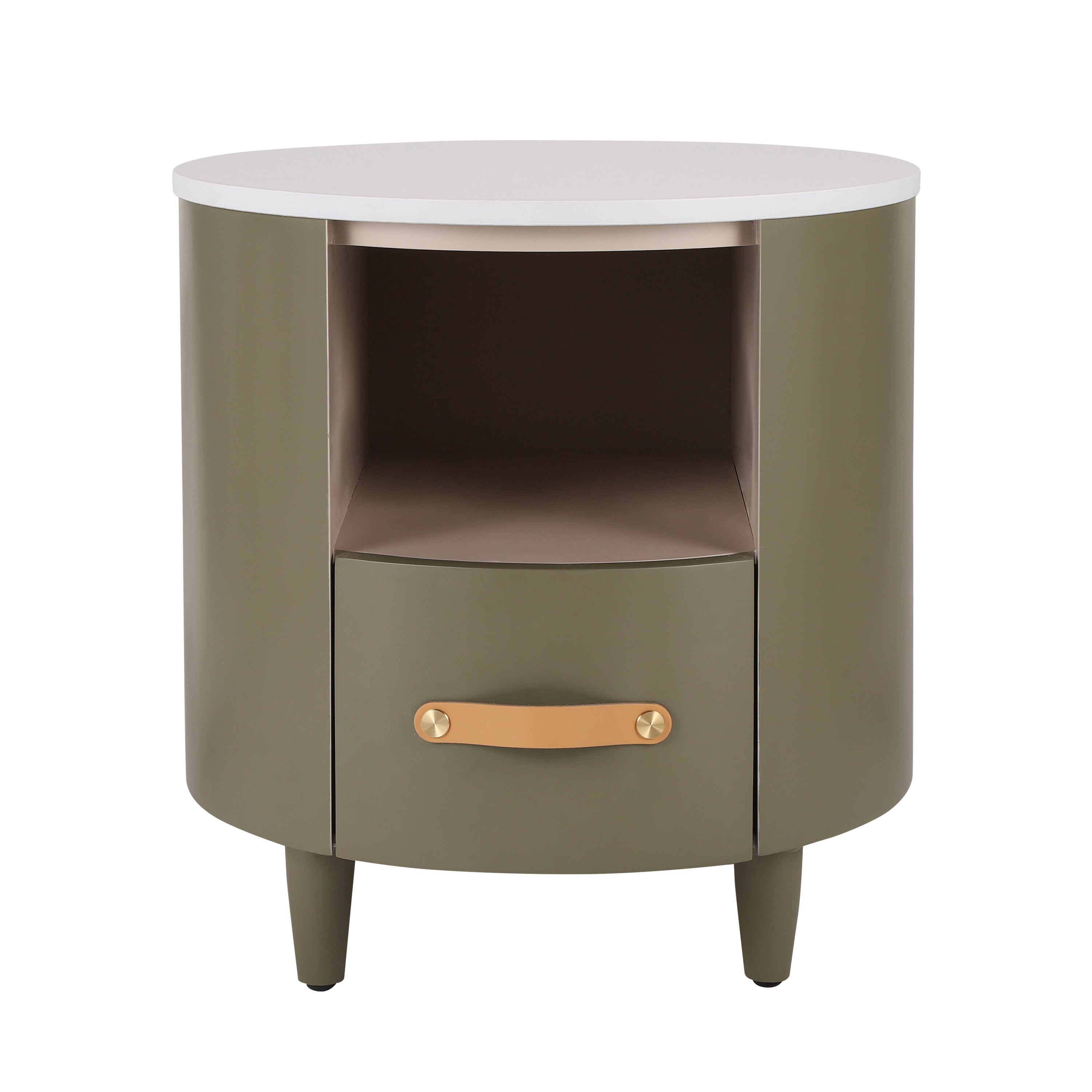 Contemporary & Modern Round Nightstand with Storage Drawer, Sofa End Table with Open Storage Shelf, Bedside Table with Curved Design for Living Room & Bedroom, Easy Assembly, Green - Grand Goldman Shop