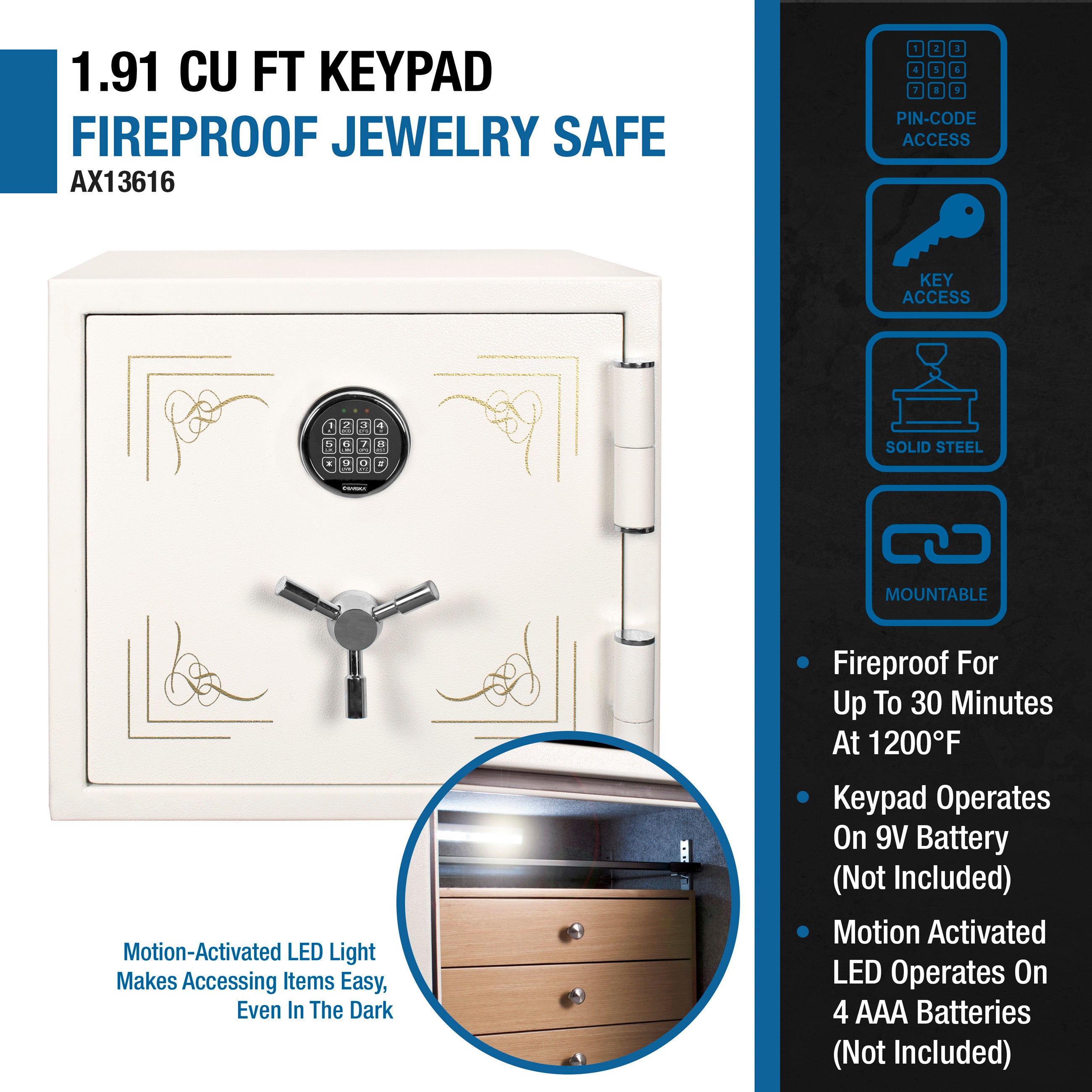 Fireproof Jewelry Safe with Keypad Lock, White Steel, 1.91 Cubic Ft | Premium Home Decor - Grand Goldman