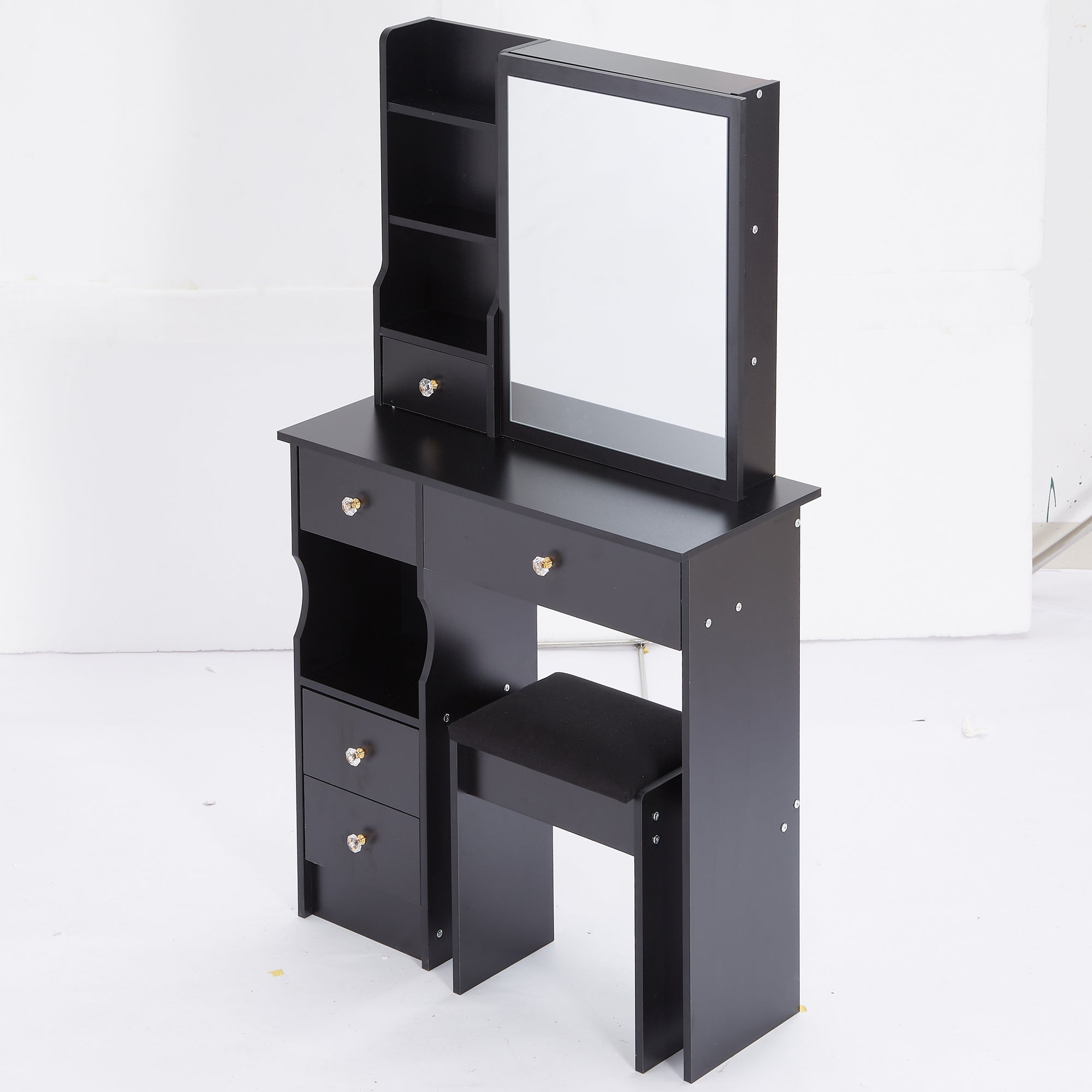29.2' Small Space Left Drawer Desktop Vanity Table + Cushioned Stool, Extra Large Right sliding mirror, Multi Layer High Capacity Storage, Practical Fashionable Dresser, Suitable For Small Space - Grand Goldman Shop