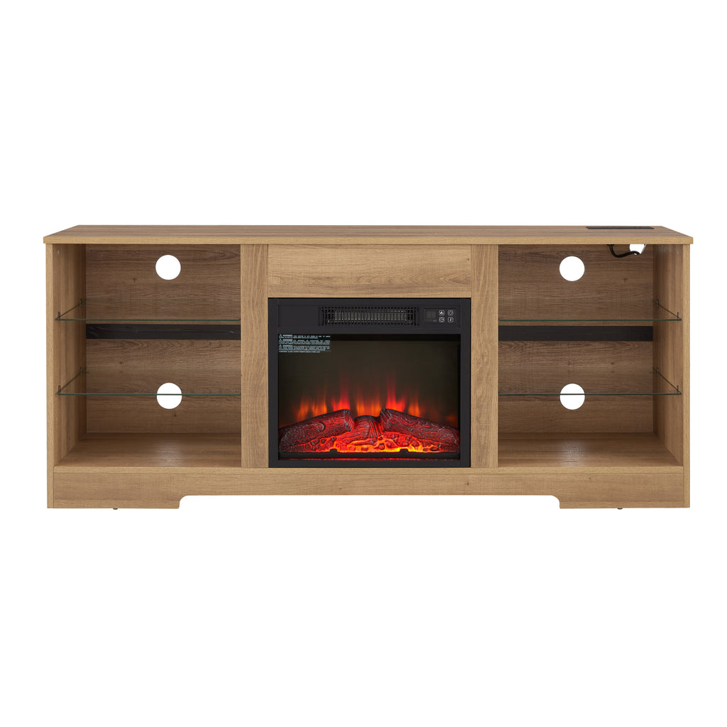 TV Stand Electric Fireplace  Glass Shelves, 3D Fireplace TV Stand with LED Lights Wood with USB Charging Outlet Modern Television Table Center for TV up to 62' OAK 58''W*15.4''D*24.6 - Grand Goldman Shop