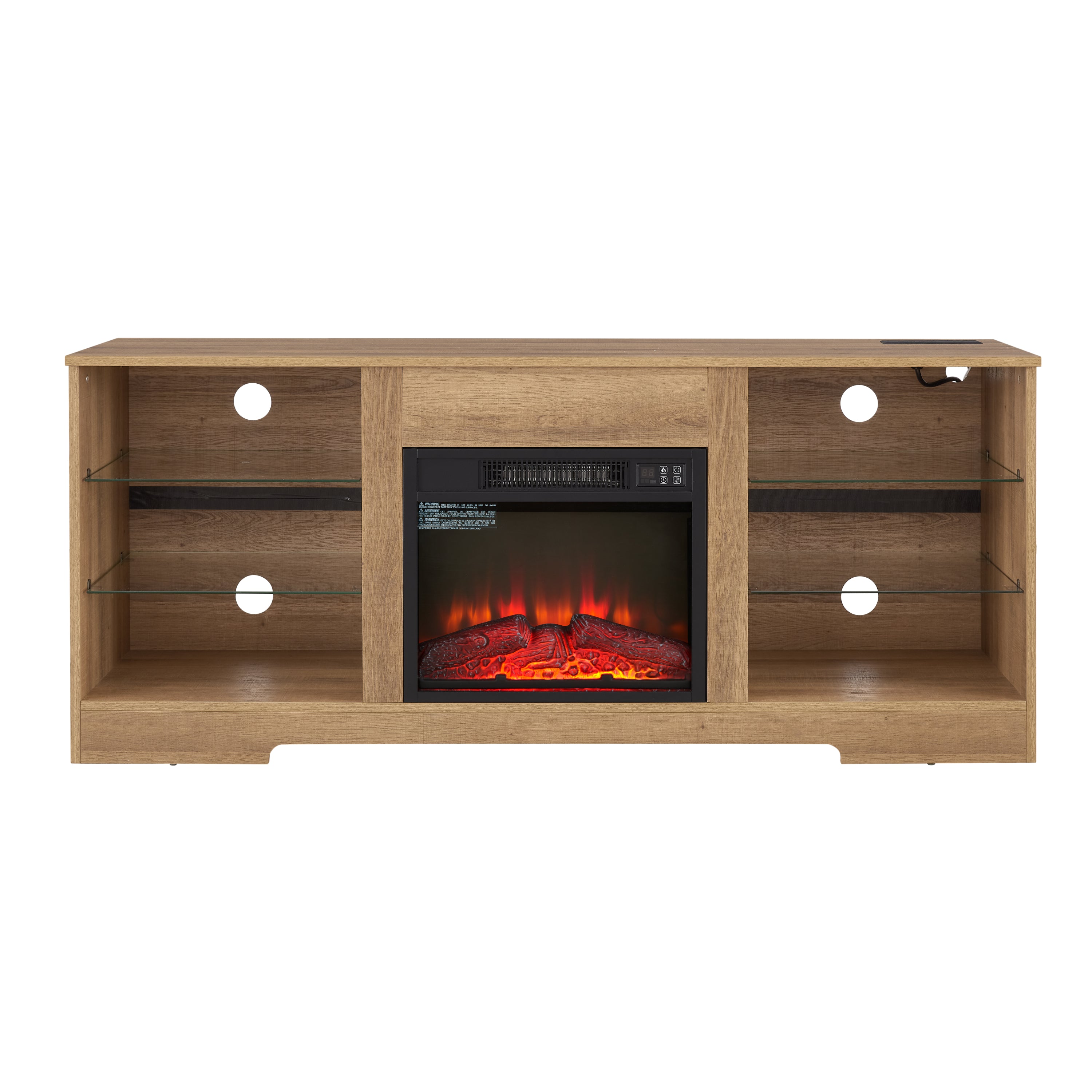TV Stand Electric Fireplace  Glass Shelves, 3D Fireplace TV Stand with LED Lights Wood with USB Charging Outlet Modern Television Table Center for TV up to 62' OAK 58''W*15.4''D*24.6 - Grand Goldman Shop