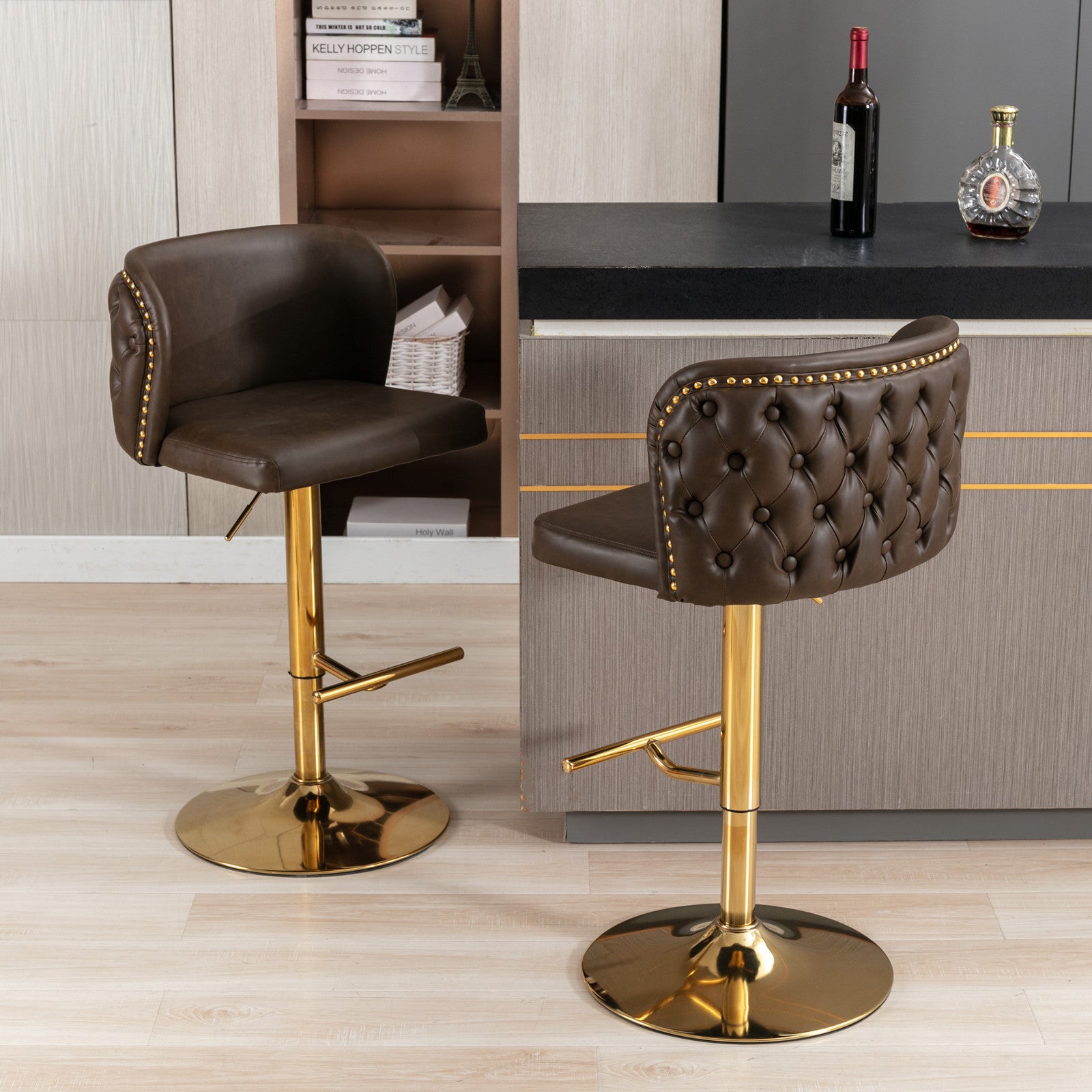 A&A Furniture,Swivel Barstools Adjusatble Seat Height, Modern PU Upholstered Bar Stools with  the whole Back Tufted, for Home Pub and Kitchen Island（Brown, Set of 2） - Grand Goldman Shop