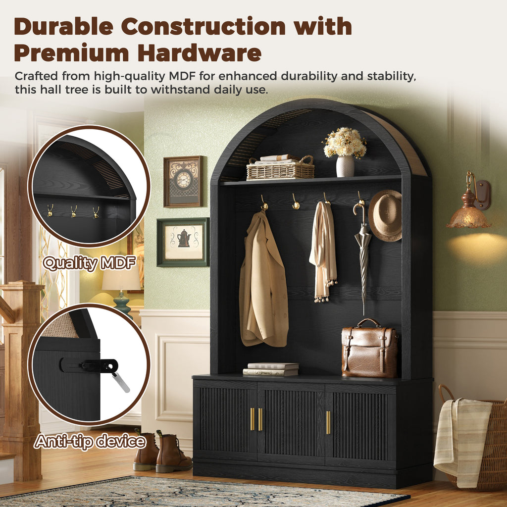 Farmhouse Fabric Arched Top Hall Tree with 5 Metal Hooks, All-in-One Mudroom Furniture with Adjustable Shelves, Mid-Century Fluted Door Entryway Bench with Wood Grain Finish for Hallway, Black - Grand Goldman Shop