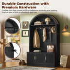 Farmhouse Fabric Arched Top Hall Tree with 5 Metal Hooks, All-in-One Mudroom Furniture with Adjustable Shelves, Mid-Century Fluted Door Entryway Bench with Wood Grain Finish for Hallway, Black - Grand Goldman Shop