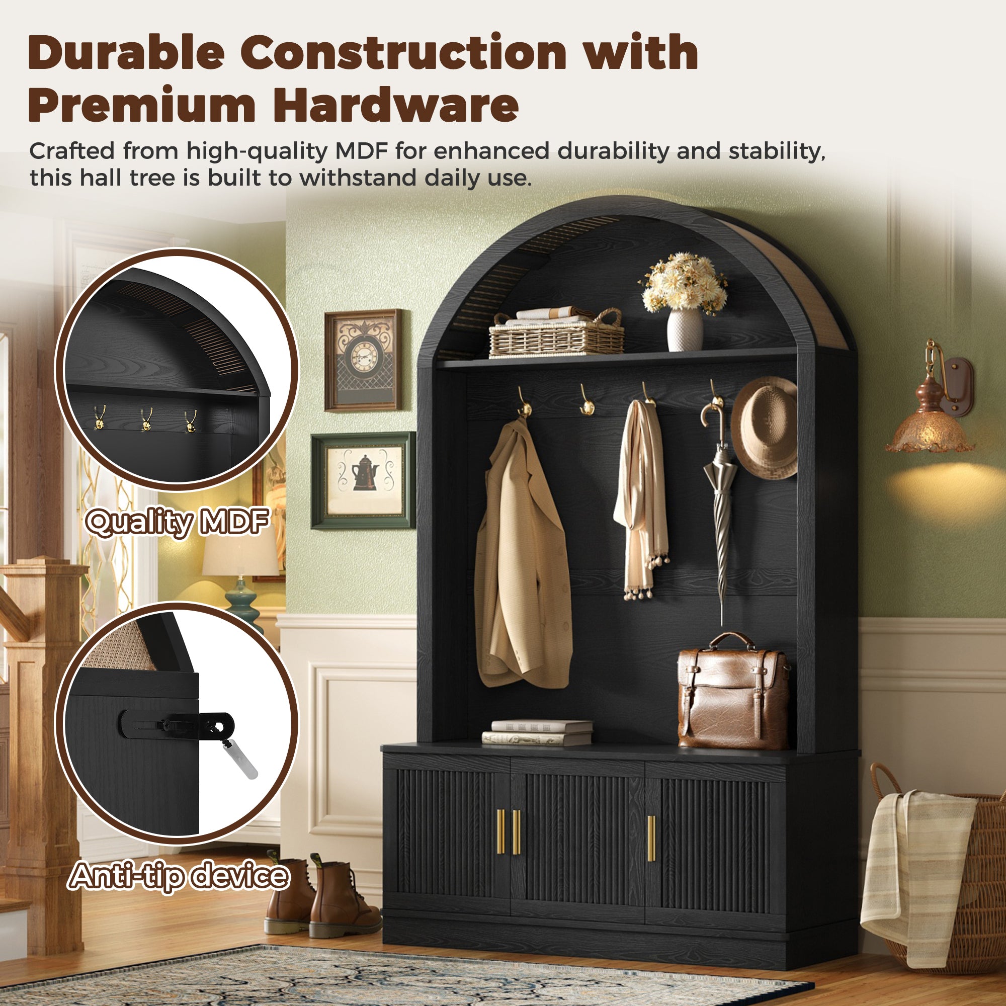 Farmhouse Fabric Arched Top Hall Tree with 5 Metal Hooks, All-in-One Mudroom Furniture with Adjustable Shelves, Mid-Century Fluted Door Entryway Bench with Wood Grain Finish for Hallway, Black - Grand Goldman Shop
