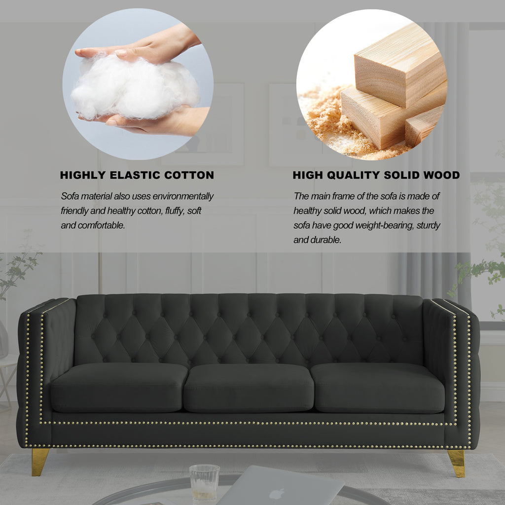 Modern Black Velvet Sofa with Button Tufting and Metal Legs, 3-Seater Couch for Living Room or Bedroom, Upholstered in Soft Velvet with Solid Wood Frame - Grand Goldman Shop
