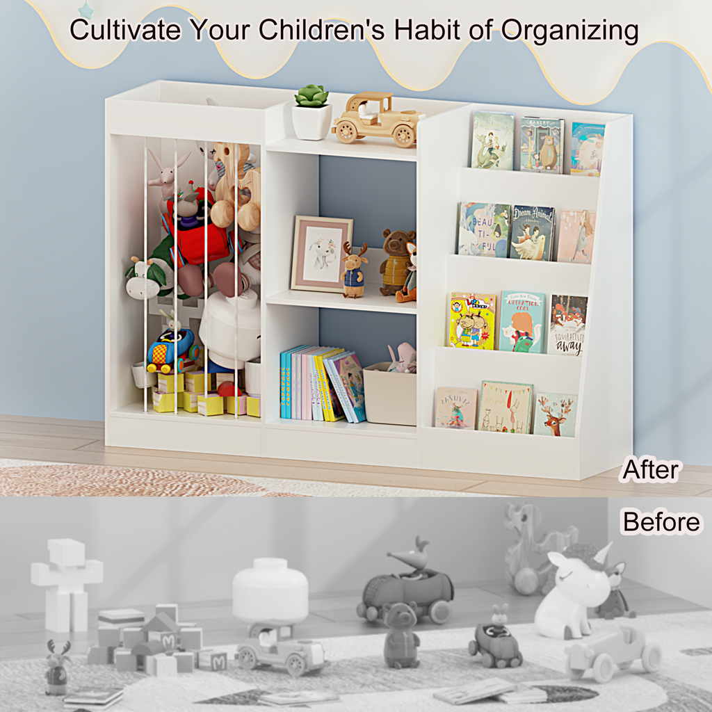 3-in-1 Kids Bookshelf and Toy Storage, 4-Tier Book Shelf for Kids Rooms, Sling Baby Bookcase with Stuffed Animal Storage, Tod