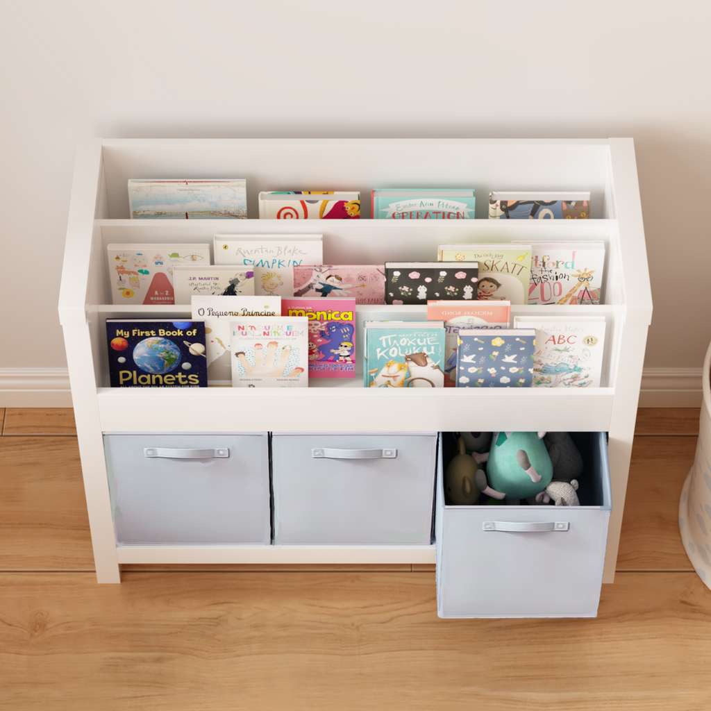 Kids Bookshelf with 3 Tier Front-Facing Storage and 3 Fabric Bins, Wooden Toddler Bookcase for Playroom, Nursery, Bedroom – K