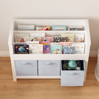 Kids Bookshelf with 3 Tier Front-Facing Storage and 3 Fabric Bins, Wooden Toddler Bookcase for Playroom, Nursery, Bedroom – K