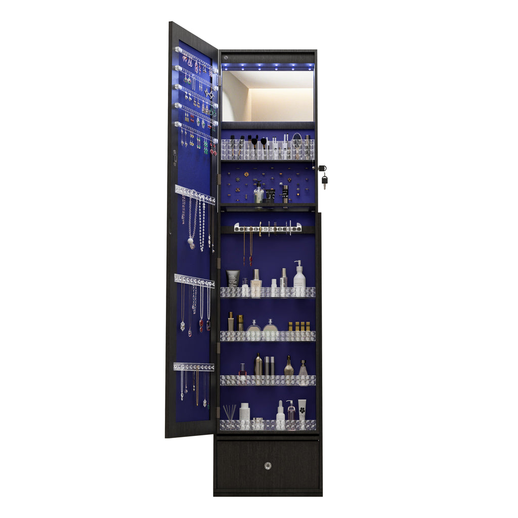 360°Swivel Jewelry Cabinet with Full Length Mirror, 360°Rotating Standing Jewelry Armoire Organizer, Lockable Storage Cabinet, Interior Lighted Mirror and Storage Drawers, Black - Grand Goldman Shop