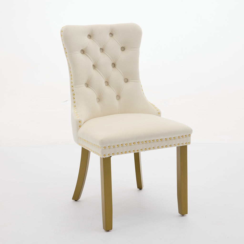 A&A Furniture, Nikki Collection Modern, High-end Tufted Solid Wood Contemporary Velvet Upholstered Dining Chair with golden Wood Legs Nailhead Trim 2-Pcs Set, Milky White,SW1401MW - Grand Goldman Shop