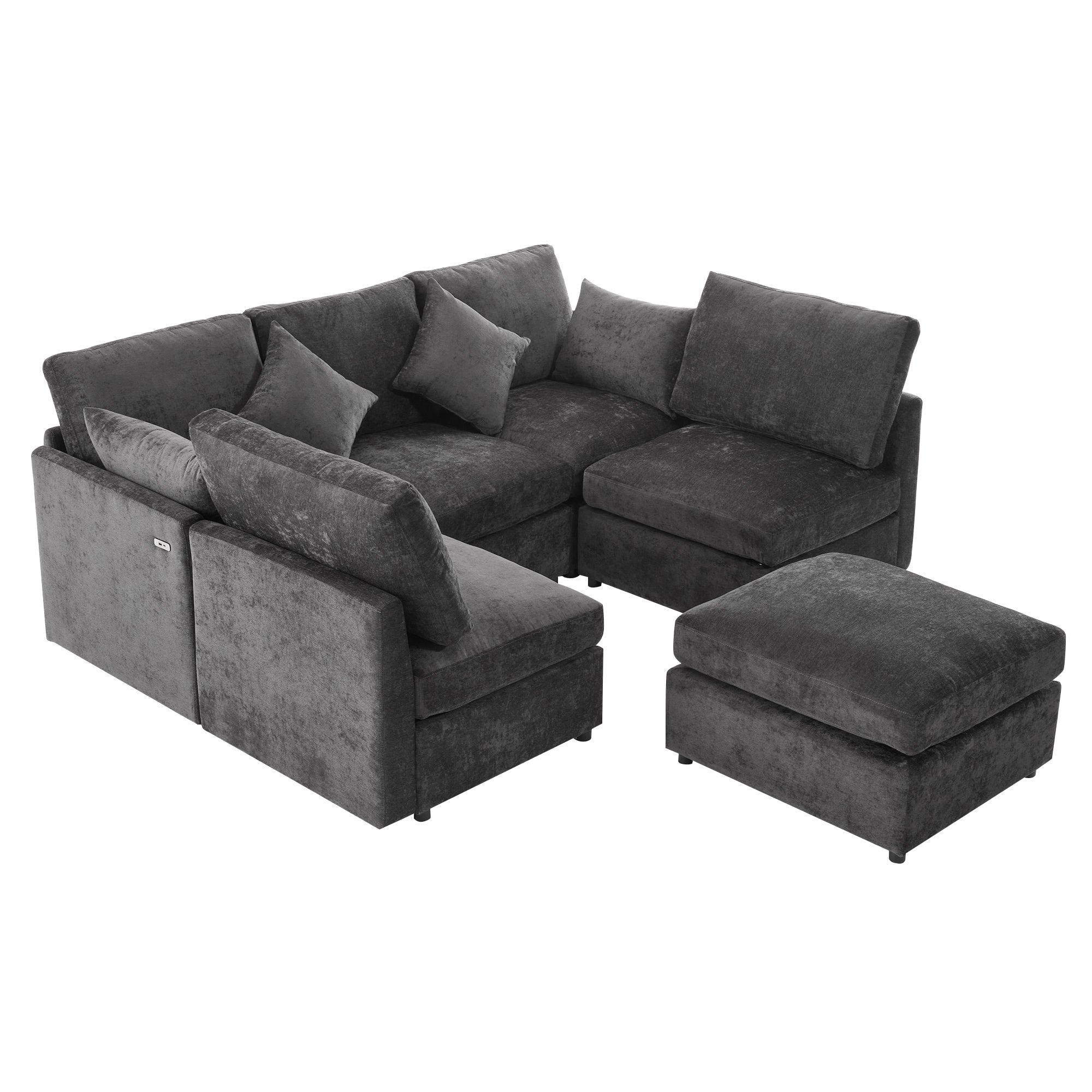 Stylish Modular U-Shaped Sectional Sofa with USB Ports, Black Chenille, 86.6' - Grand Goldman Shop