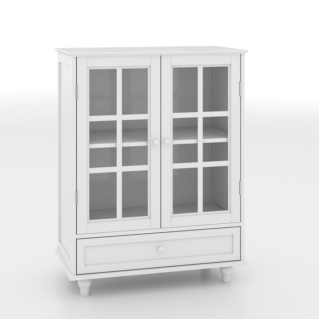 Minimalist White Buffet Cabinet with Double Glass Doors and Drawer, Modern Wooden Storage Sideboard Cupboard for Living room, Dining Room Hallway Entryway - Grand Goldman Shop