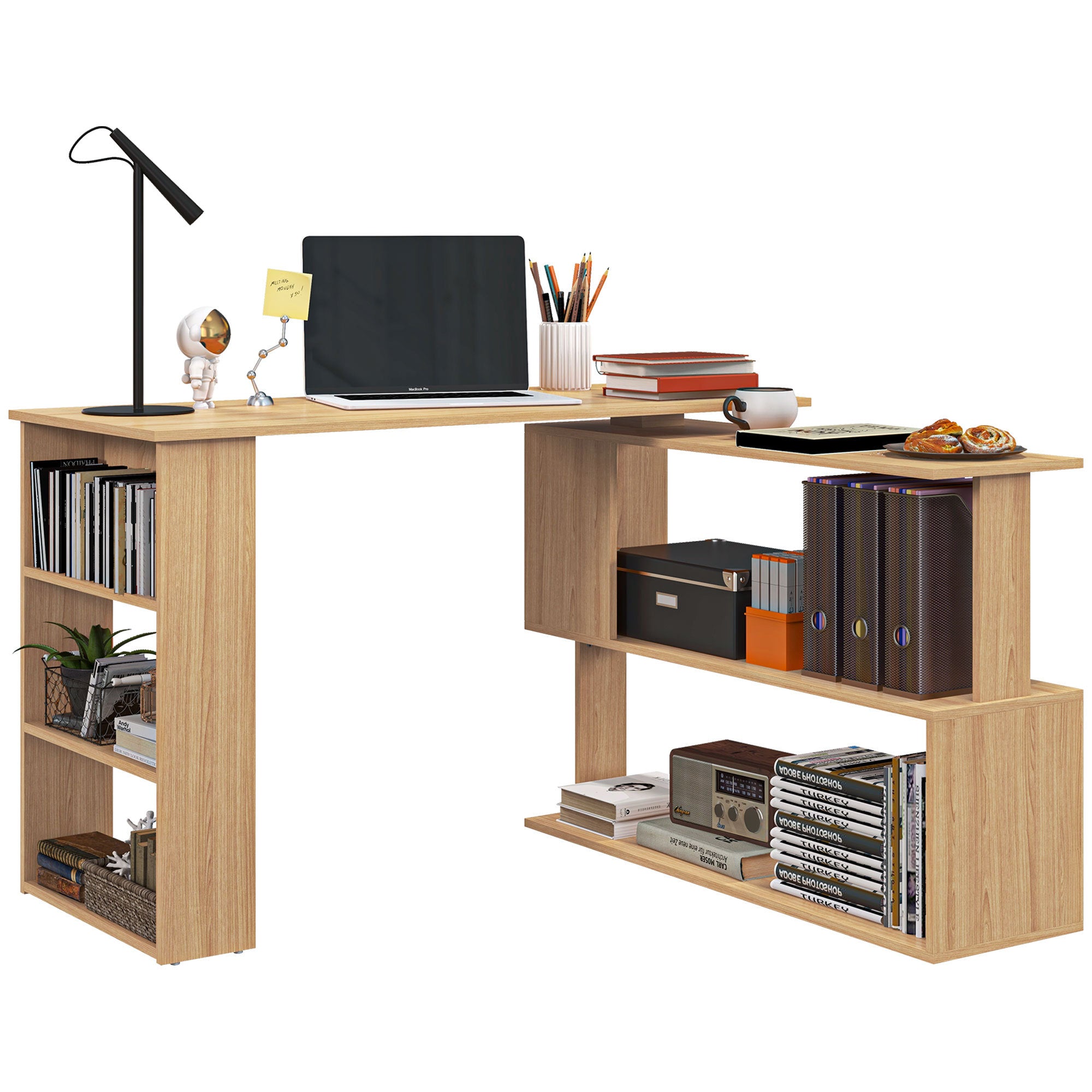 HOMCOM L Shaped Corner Desk, 360 Degree Rotating Home Office Desk with Storage Shelves, Writing Table Workstation, Maple - Gr