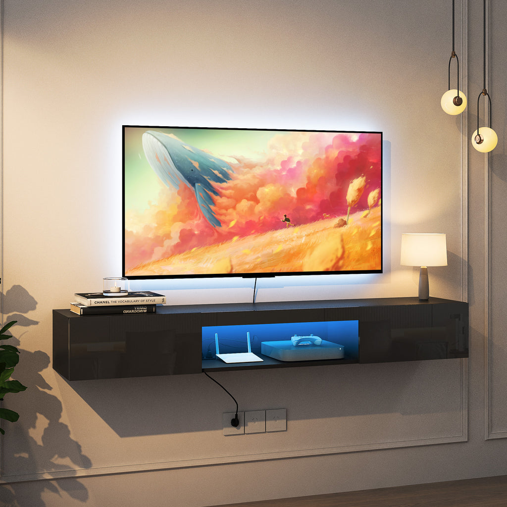 Floating TV Stand Wall Mounted with 16 Color LEDs,63' Modern TV Stand, Floating TV Cabinet Entertainment Center for 55 60 65 Inch TV,Black - Grand Goldman Shop