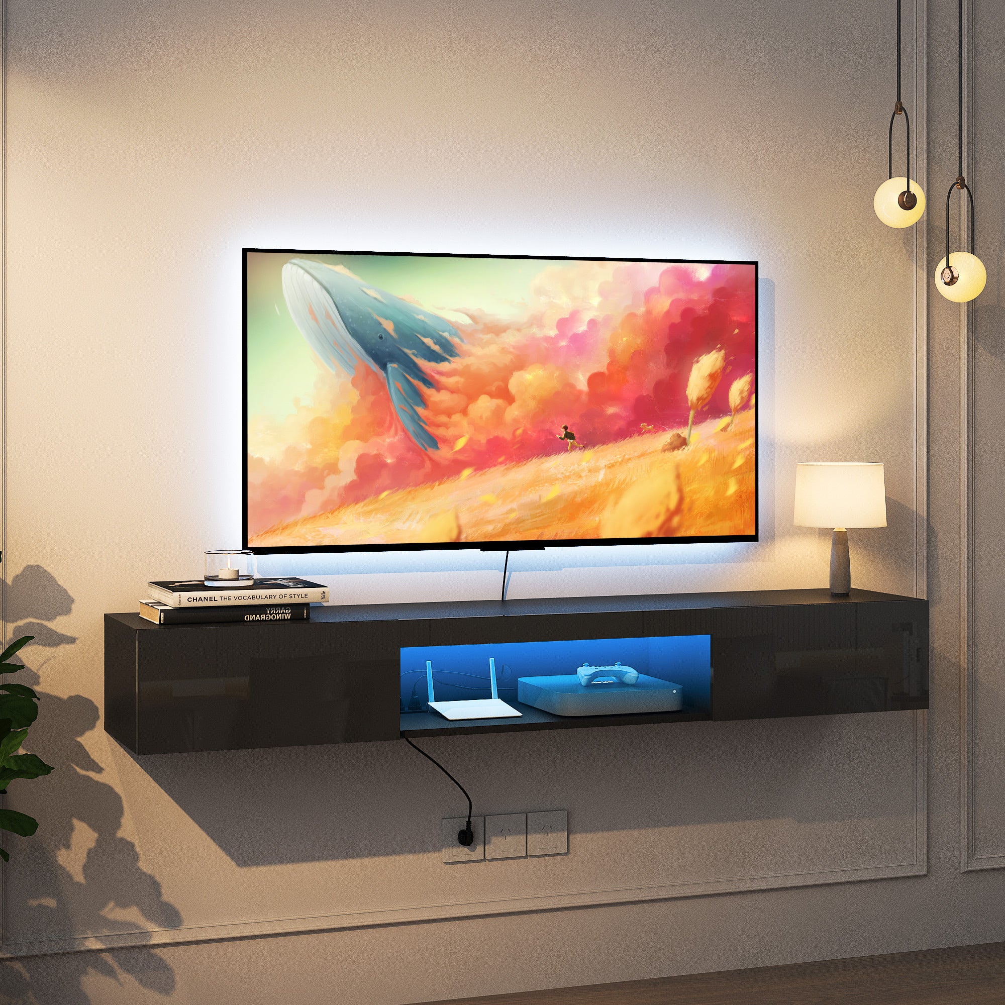 Floating TV Stand Wall Mounted with 16 Color LEDs,63' Modern TV Stand, Floating TV Cabinet Entertainment Center for 55 60 65 Inch TV,Black - Grand Goldman Shop