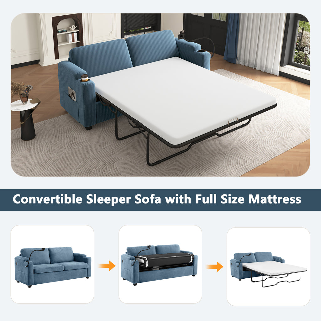 Navy Blue Corduroy Sleeper Sofa Loveseat with Full Size Mattress, USB Ports, Cup Holders, Side Pockets and Phone Holder - Grand Goldman Shop