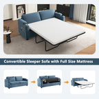 Navy Blue Corduroy Sleeper Sofa Loveseat with Full Size Mattress, USB Ports, Cup Holders, Side Pockets and Phone Holder - Grand Goldman Shop