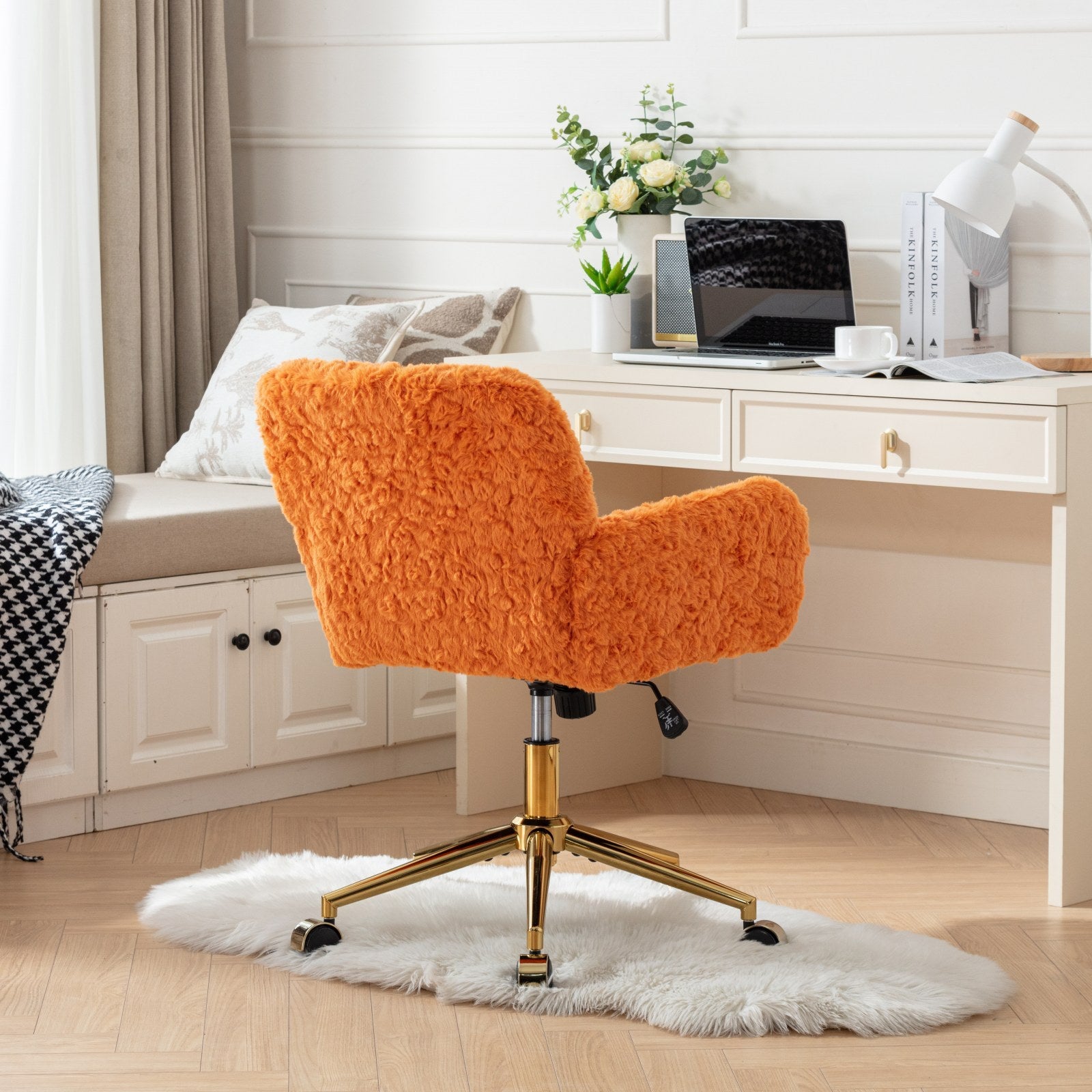 Stylish A&A Furniture Office Chair, Artificial Rabbit Hair with Golden Metal Base, Adjustable Swivel Desk Chair, Orange - Ava