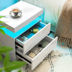 Nightstand LED Bedside Table Cabinet Lights Modern End Side with 2 Drawers for Bedroom (White Stone) - Grand Goldman Shop