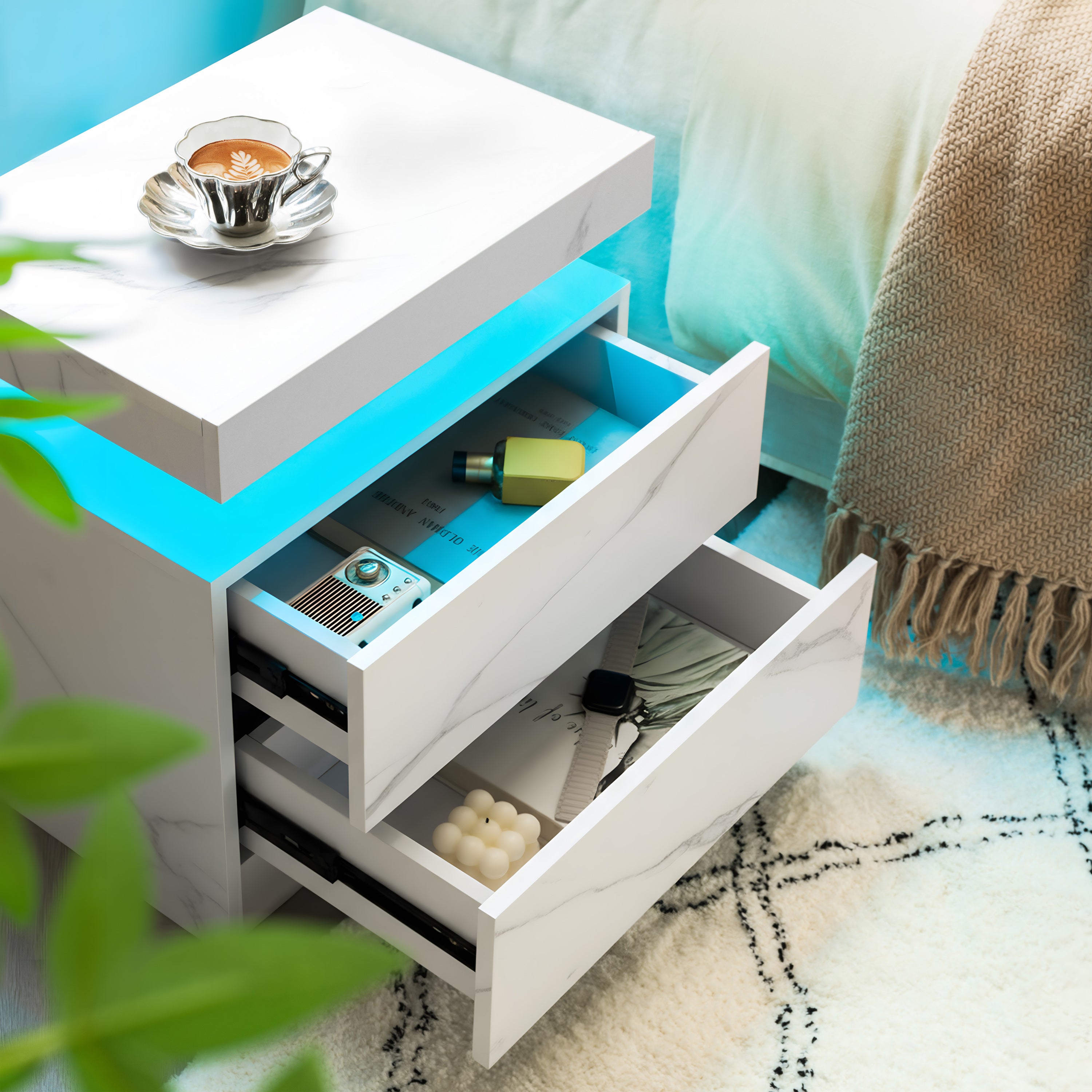 Nightstand LED Bedside Table Cabinet Lights Modern End Side with 2 Drawers for Bedroom (White Stone) - Grand Goldman Shop