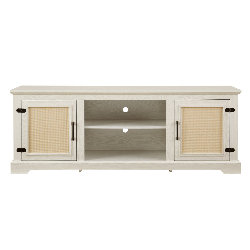 Farmhouse Rattan TV Stand Console Table for TVs up to 70 Inches, TV Console Table with 2 Storage Shelves, 2 Natural Rattan Door Cabinets,65'W*15.55'D*23.86'H, White - Grand Goldman Shop