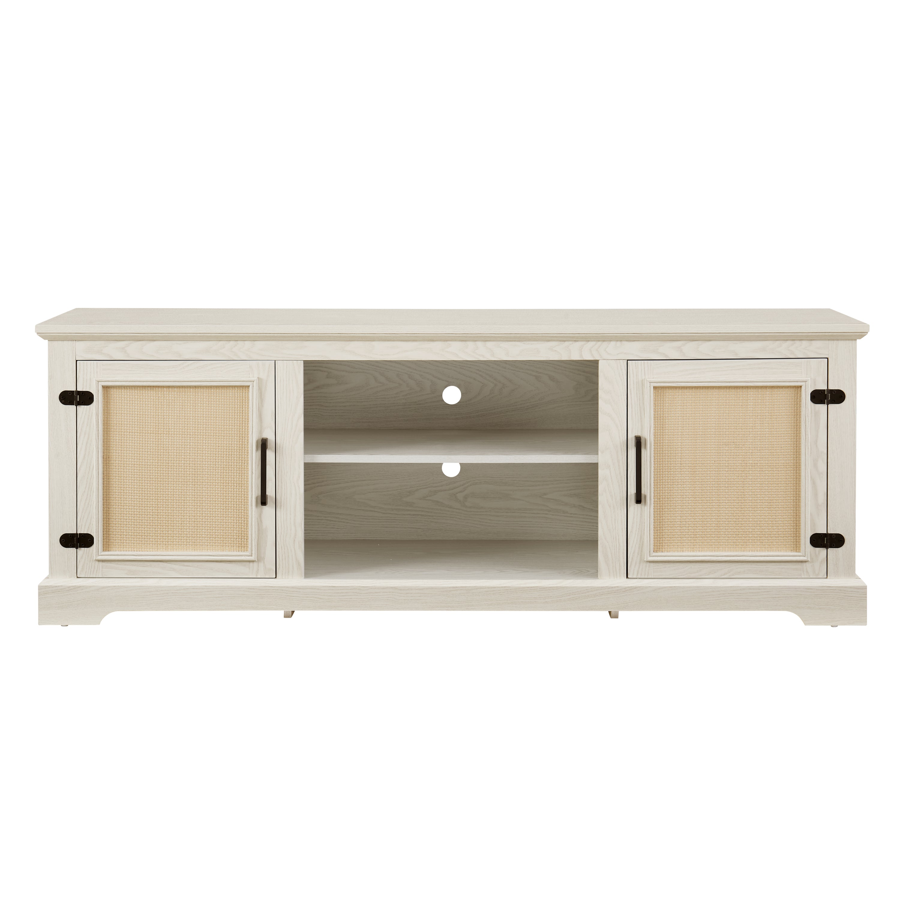 Farmhouse Rattan TV Stand Console Table for TVs up to 70 Inches, TV Console Table with 2 Storage Shelves, 2 Natural Rattan Door Cabinets,65'W*15.55'D*23.86'H, White - Grand Goldman Shop