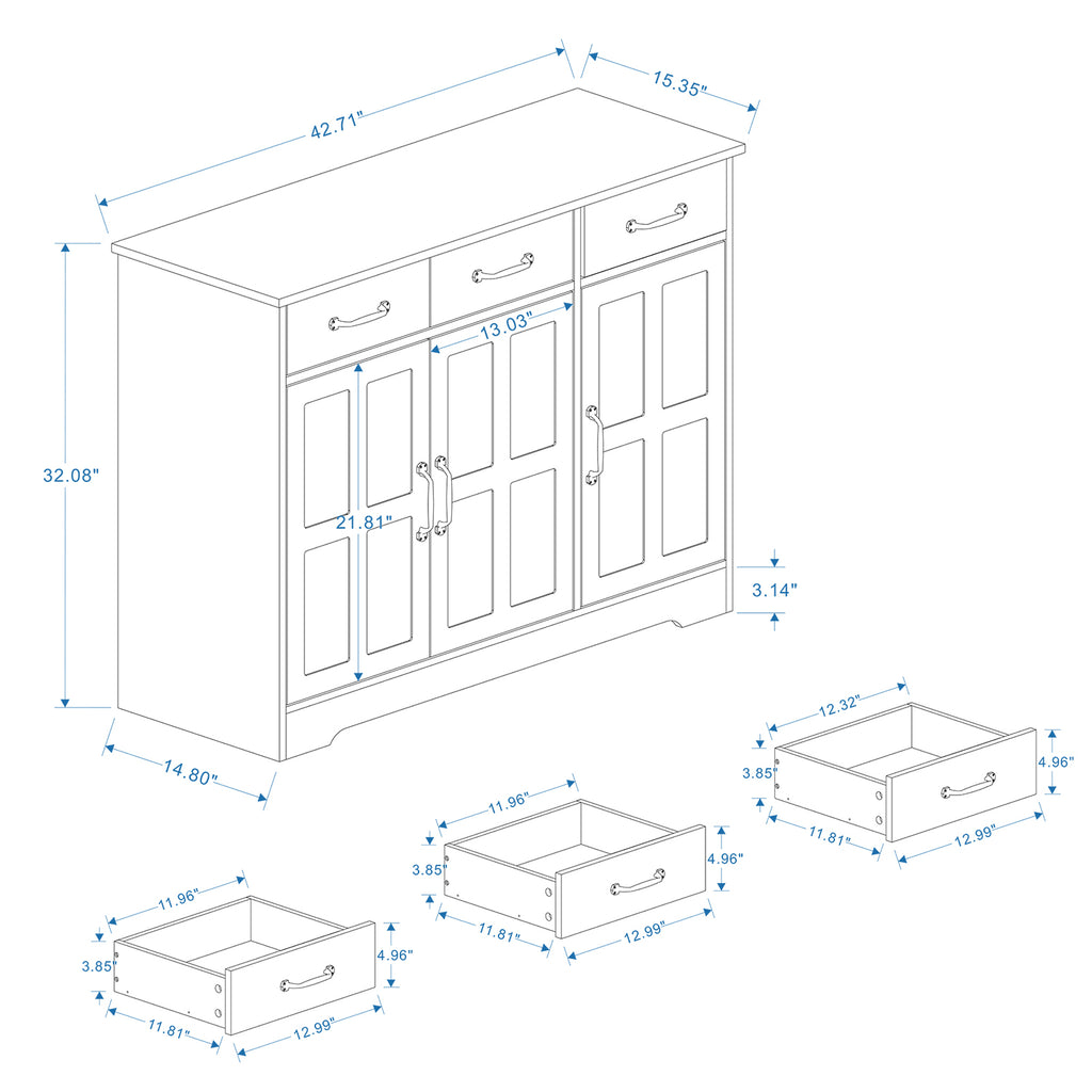 Farmhouse Buffet Cabinet Storage Sideboard with 3 Drawers and 3 Doors for Dining Living Room Kitchen Cupboard-White - Grand Goldman Shop
