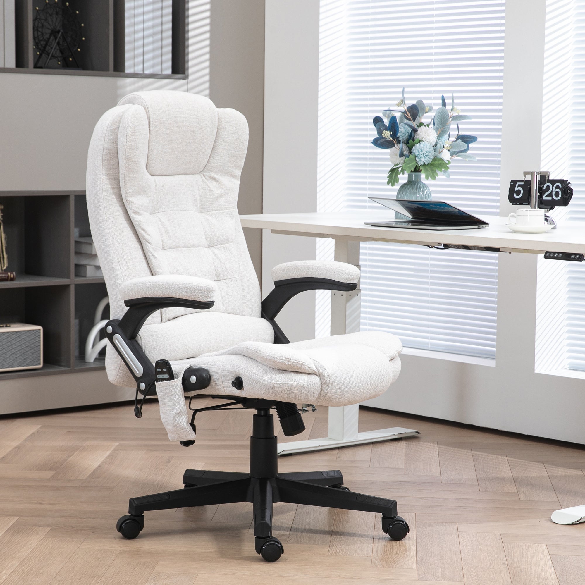 HOMCOM 6 Point Vibrating Massage Office Chair with Heat, Linen High Back Executive Office Chair with Reclining Backrest, Padd