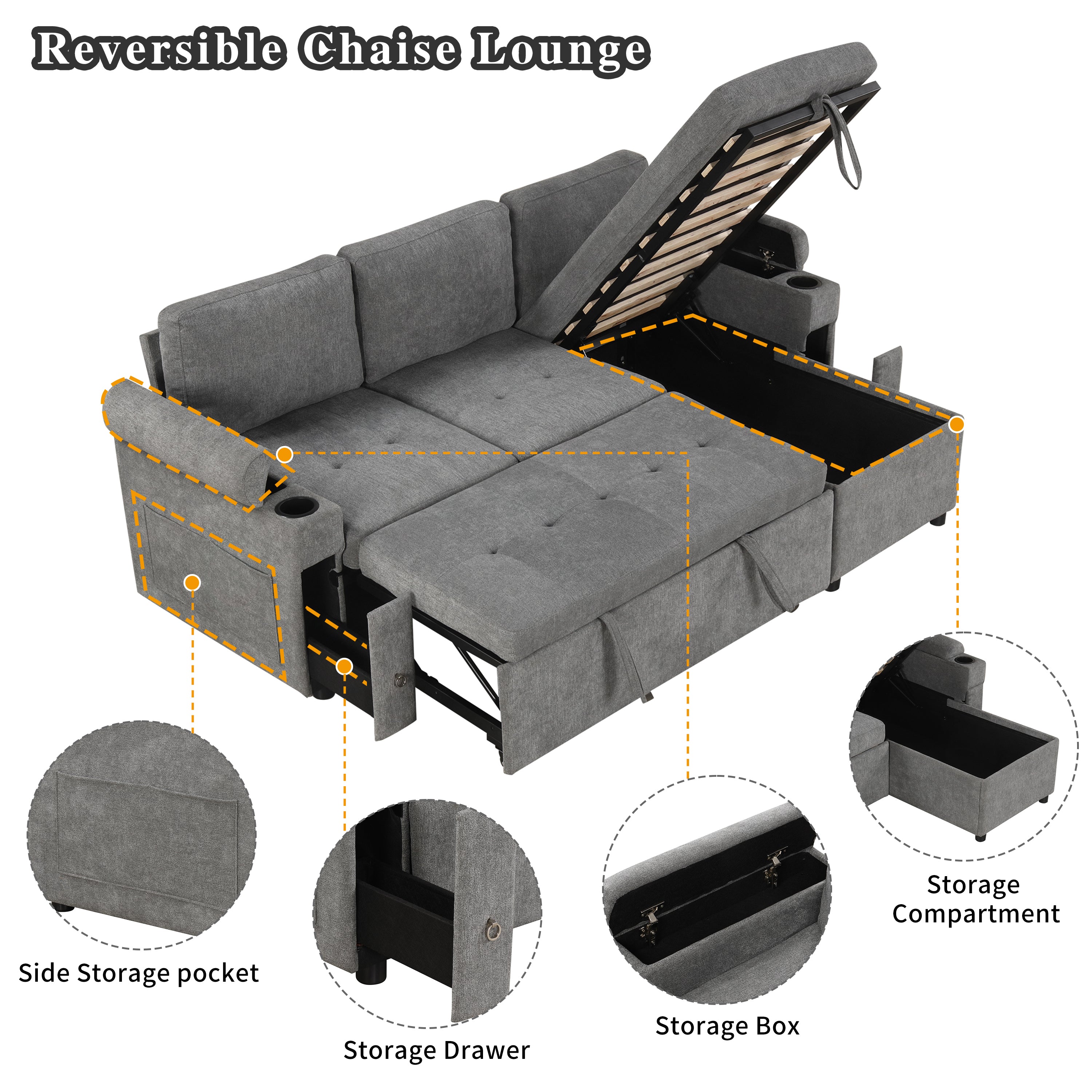 Modern L-shaped Convertible Sofa Bed with Storage, Cup Holders, USB Ports, Gray Chenille, 83.5' - Grand Goldman Shop