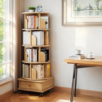 5 Tier Rotating Bookshelf, 360° Display Round Spinning Bookshelf with Wheels, Space-Saving, Small Space Rotating Bookshelf Tower for Bedroom, Living Room, Home, Office, Wood Color - Grand Goldman Shop