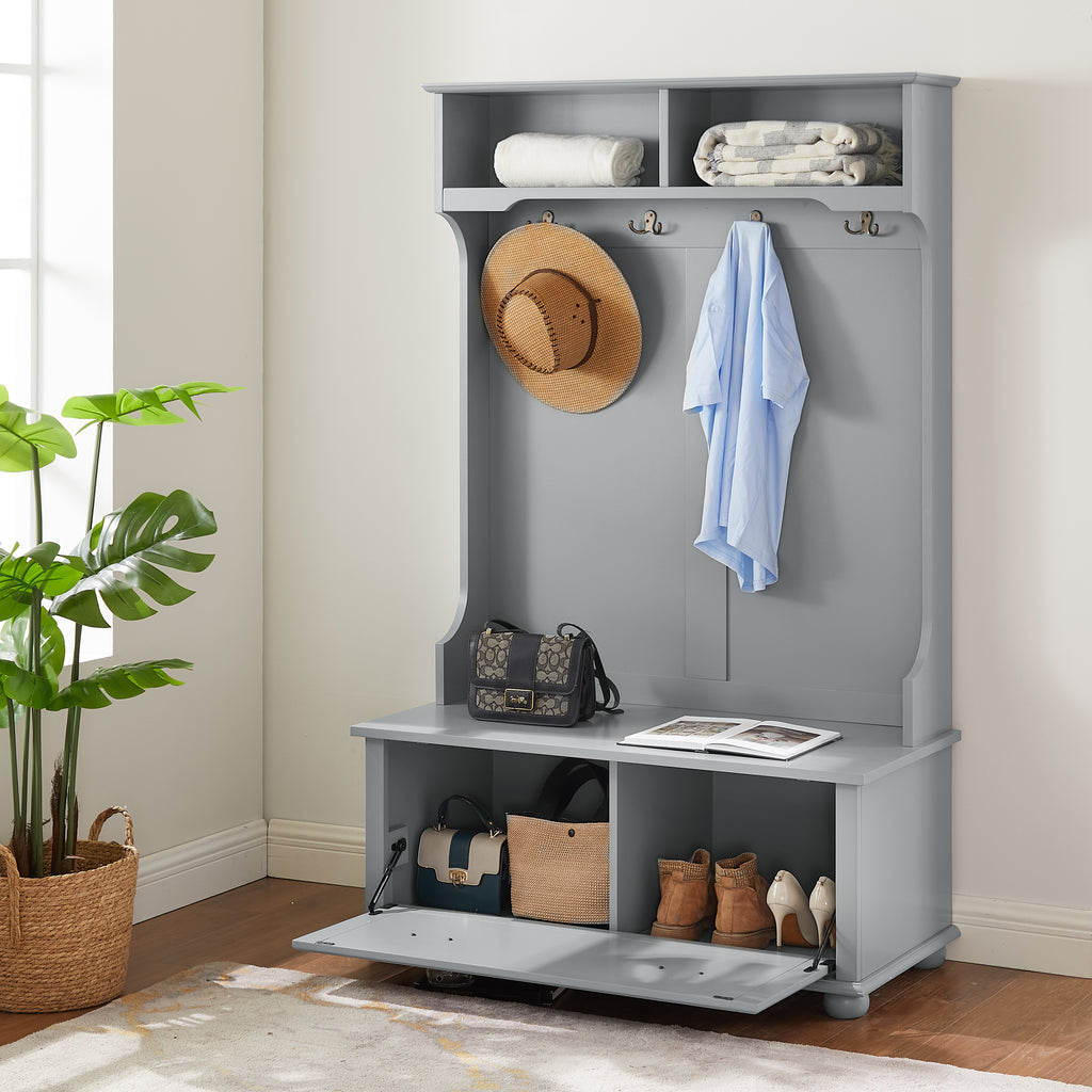 Modern Classic Hall Tree with Shoe Rack Bench and Coat Hooks for Hanging Storage, Entryway Bench with Open Shelves and Shoe Cabinets 40.16'W*18.58'D*64.17'H GRAY - Grand Goldman Shop