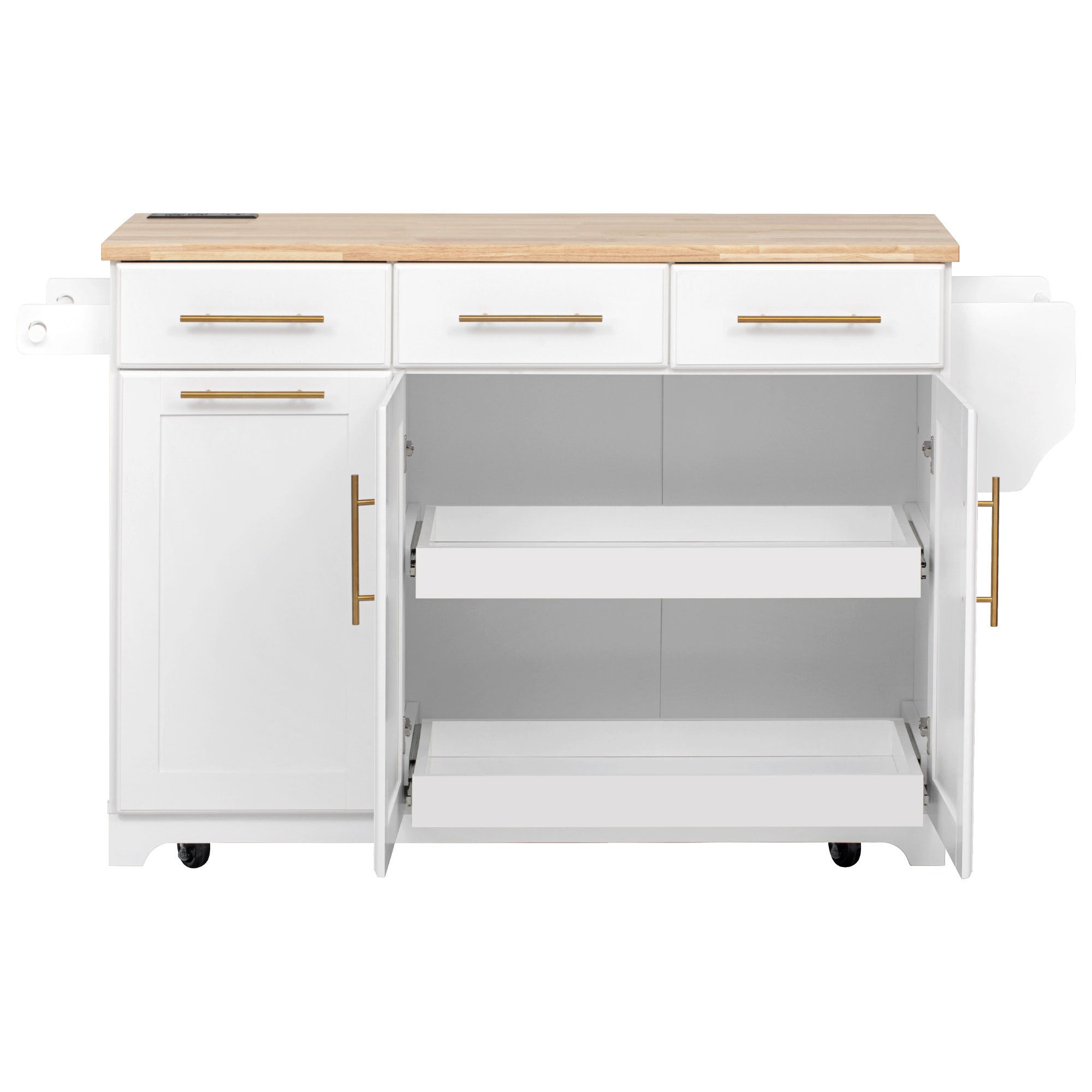 K&K 59.3' Kitchen Island with Storage 2 Pull Out Cabinet Organizers & Rubber Wood Drop Leaf, Rolling Kitchen Island with Trash Can Storage, Power Outlet, Spice & Towel Rack for Kitchen, Dining, White - Grand Goldman Shop