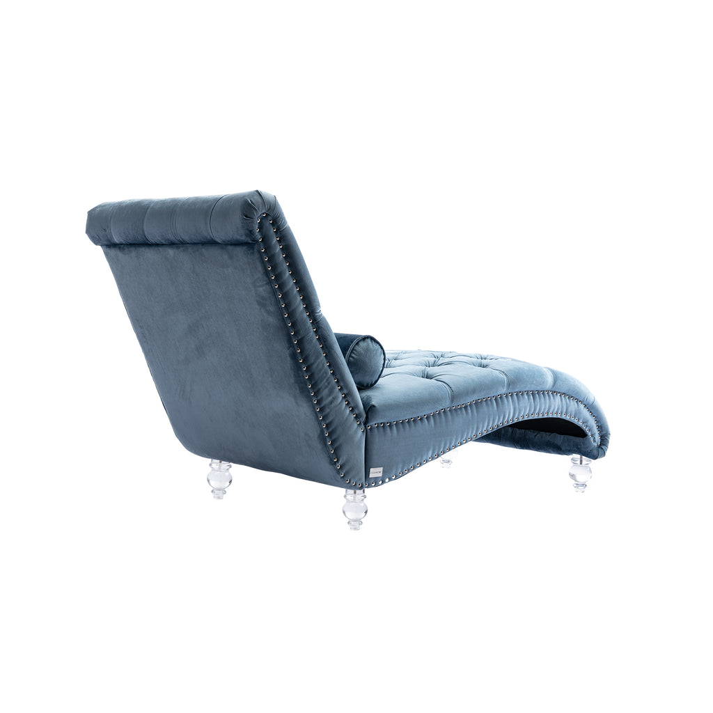 Velvet Chaise Lounge Chair with Pillow, Button-Tufted Upholstered, Light Blue, Solid Wood Frame, Acrylic Legs - Grand Goldman Shop