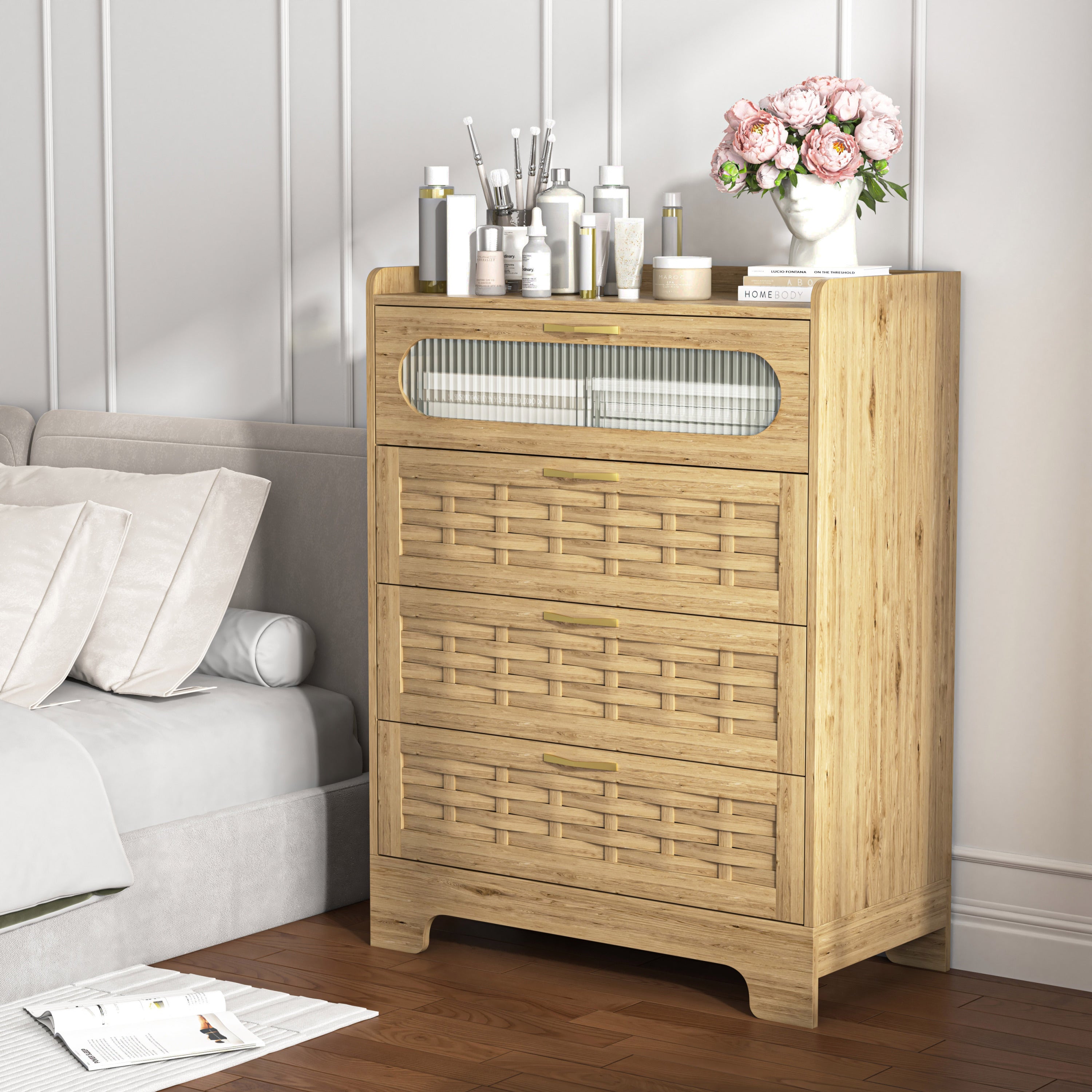 Wood 4 Drawer Dresser for Bedroom, Large Double Dresser with Wide Drawers, Modern Chest of Drawers,Storage Organizer Dresser,Nursery Dresser,for Living Room, Hallway, Bedroom, Kids Bedroom - Grand Goldman Shop