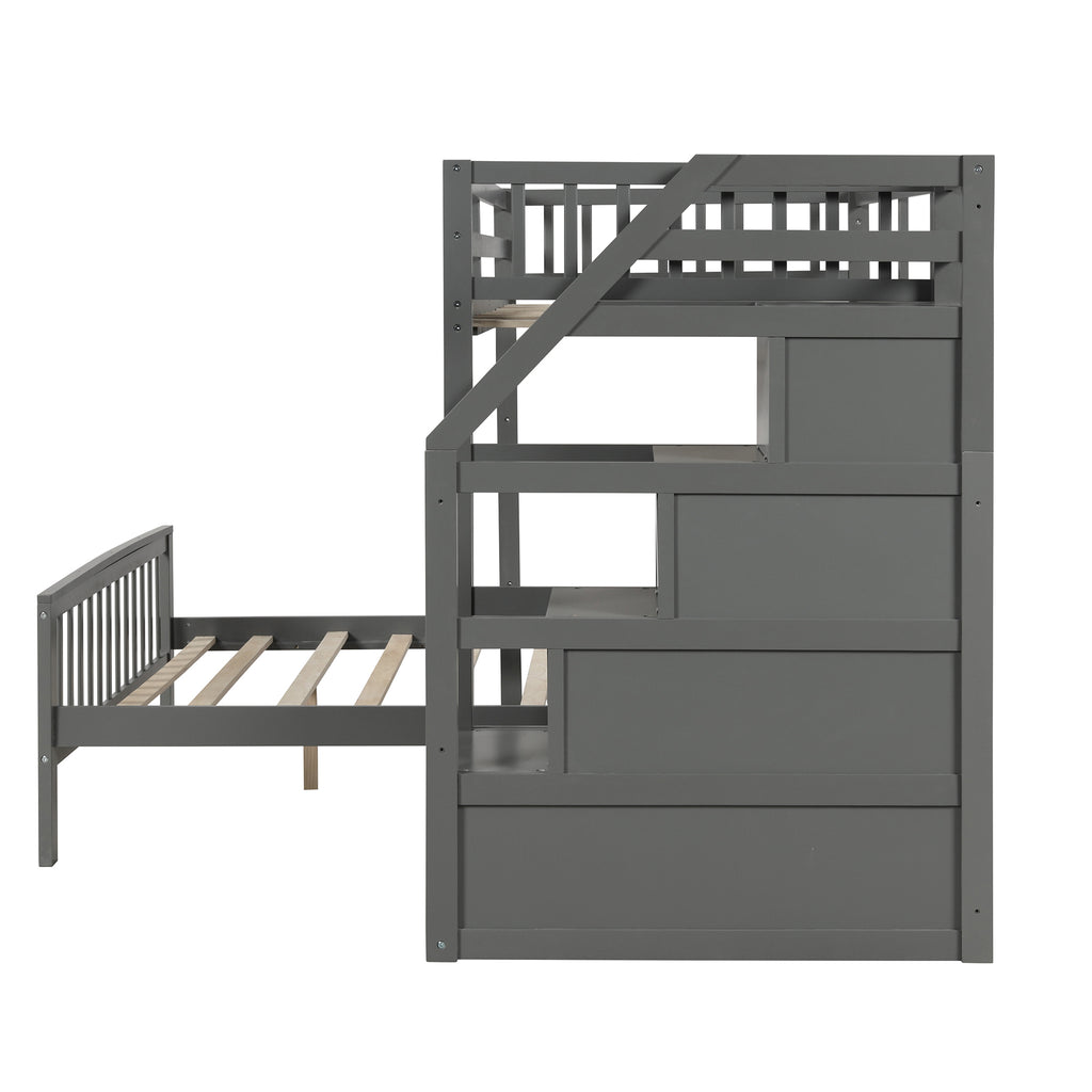Gray Twin over Full Loft Bed with Staircase and Storage, Pine Wood and MDF, 97.2''L x 78.4''W x 61.4''H - Grand Goldman Shop