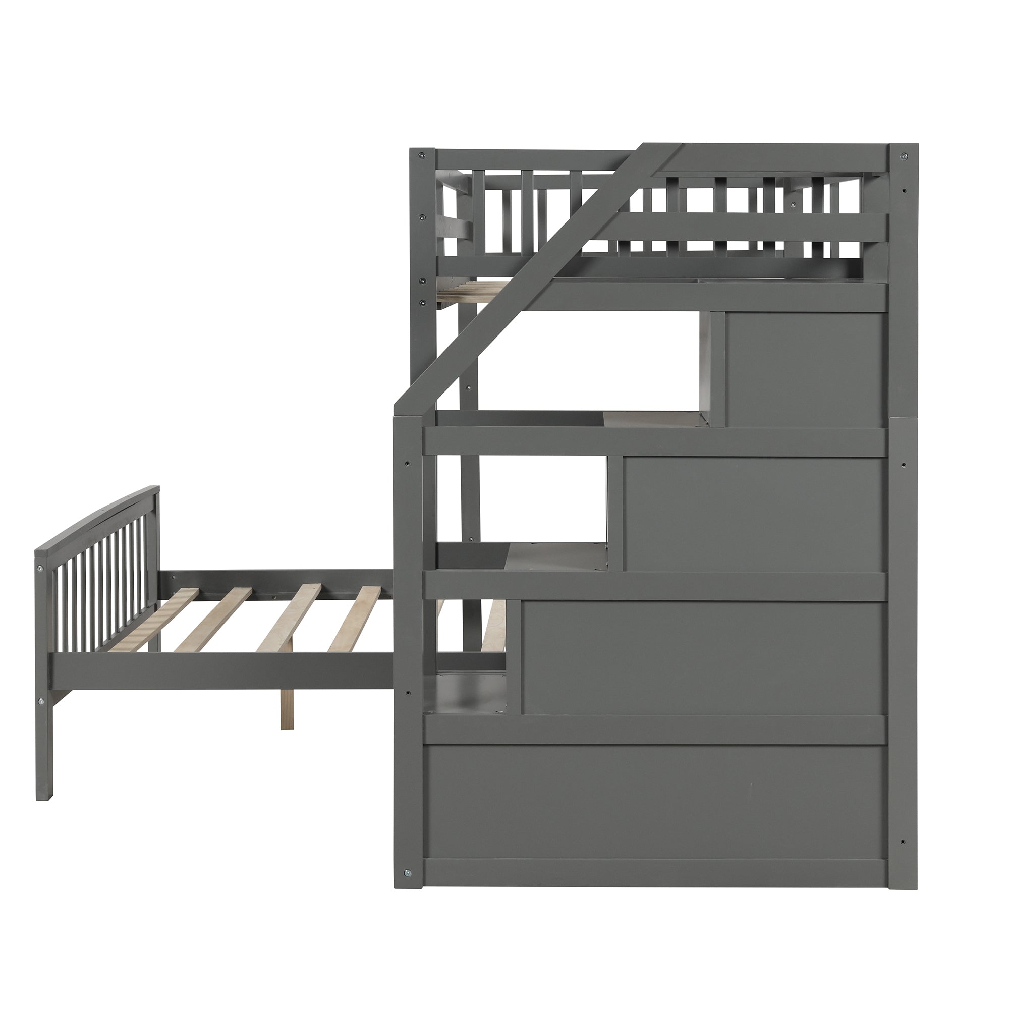 Gray Twin over Full Loft Bed with Staircase and Storage, Pine Wood and MDF, 97.2''L x 78.4''W x 61.4''H - Grand Goldman Shop