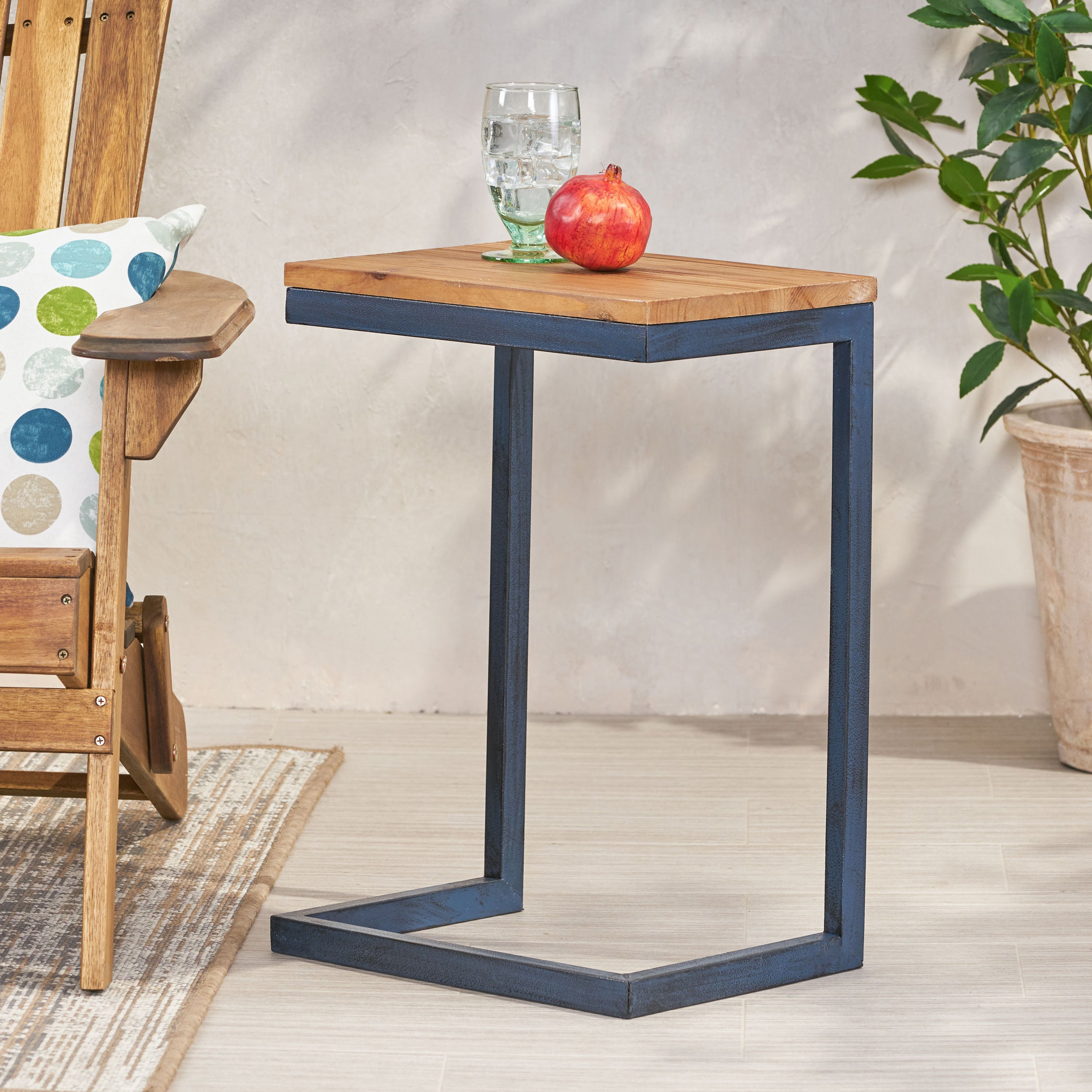 Medium C-shaped End Table with Iron Base and Fir Wood Top, Black - Grand Goldman Shop